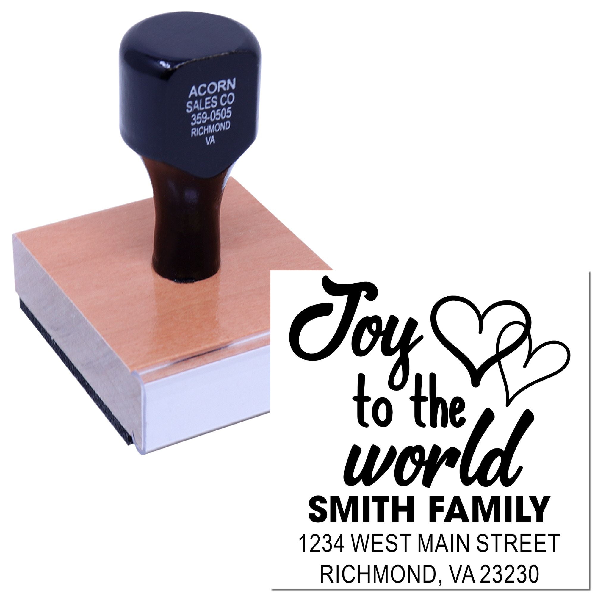 Custom holiday address rubber stamp with Joy to the World design, Smith Family name, and Richmond, VA address.