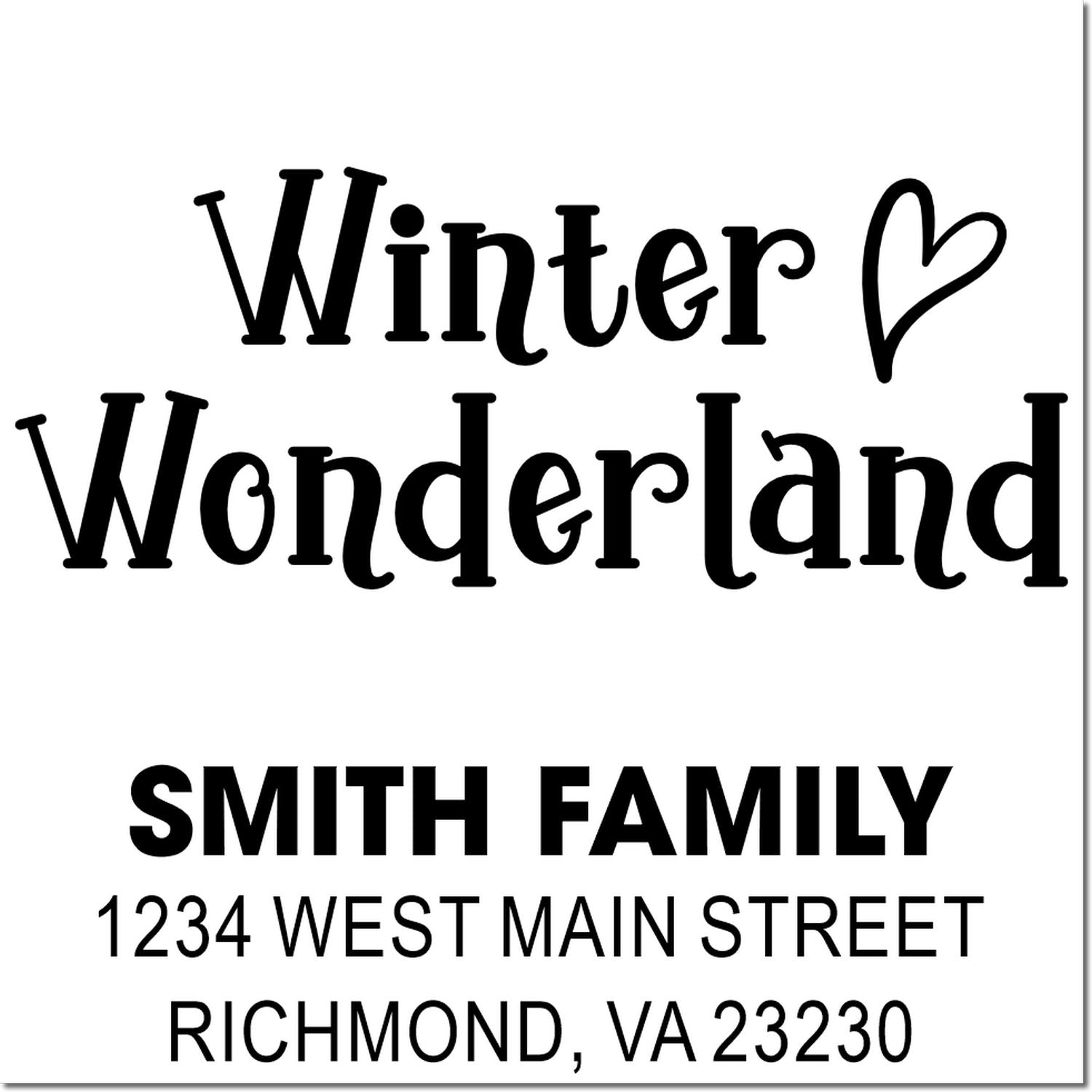 Custom Winter Wonderland rubber stamp with Smith Family return address for holiday cards and winter mailings.