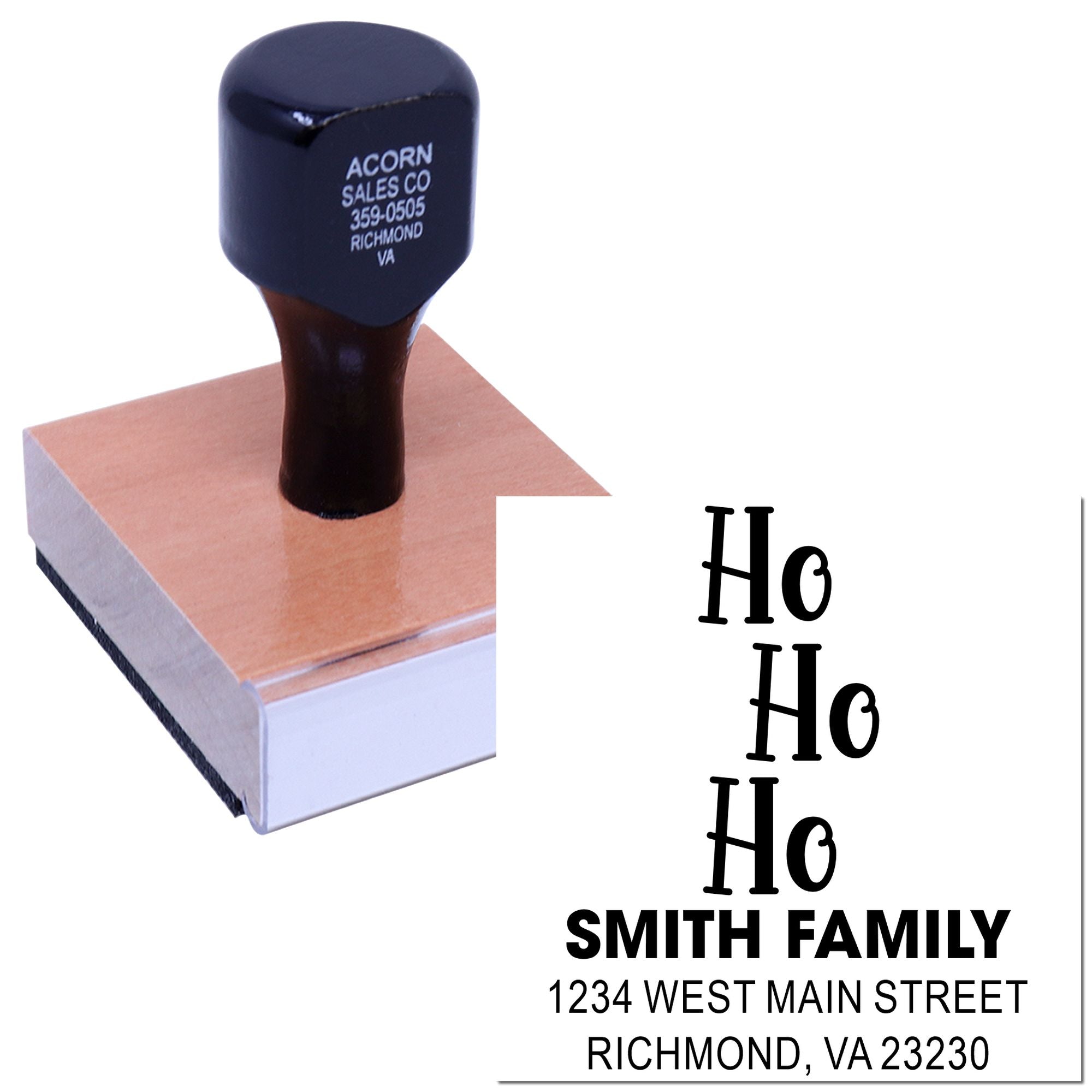 Custom holiday return address rubber stamp with Ho Ho Ho and Smith Family address design.
