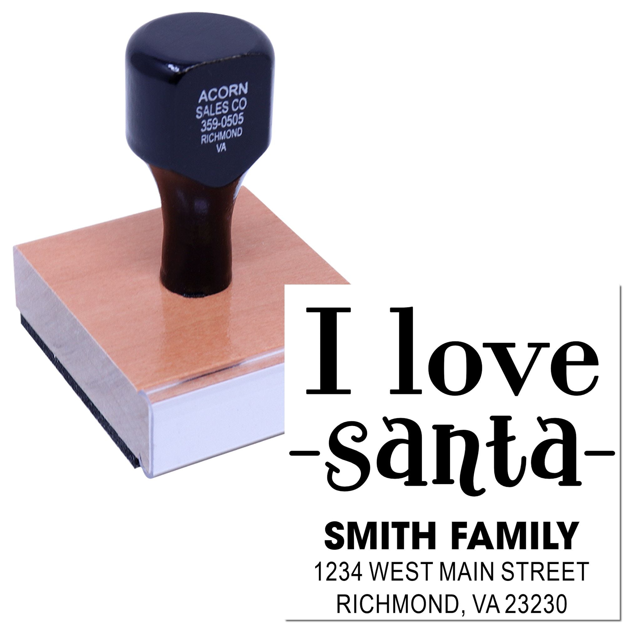 Custom rubber address stamp with I love Santa family design for holiday cards, mailings, and personalized stationery.