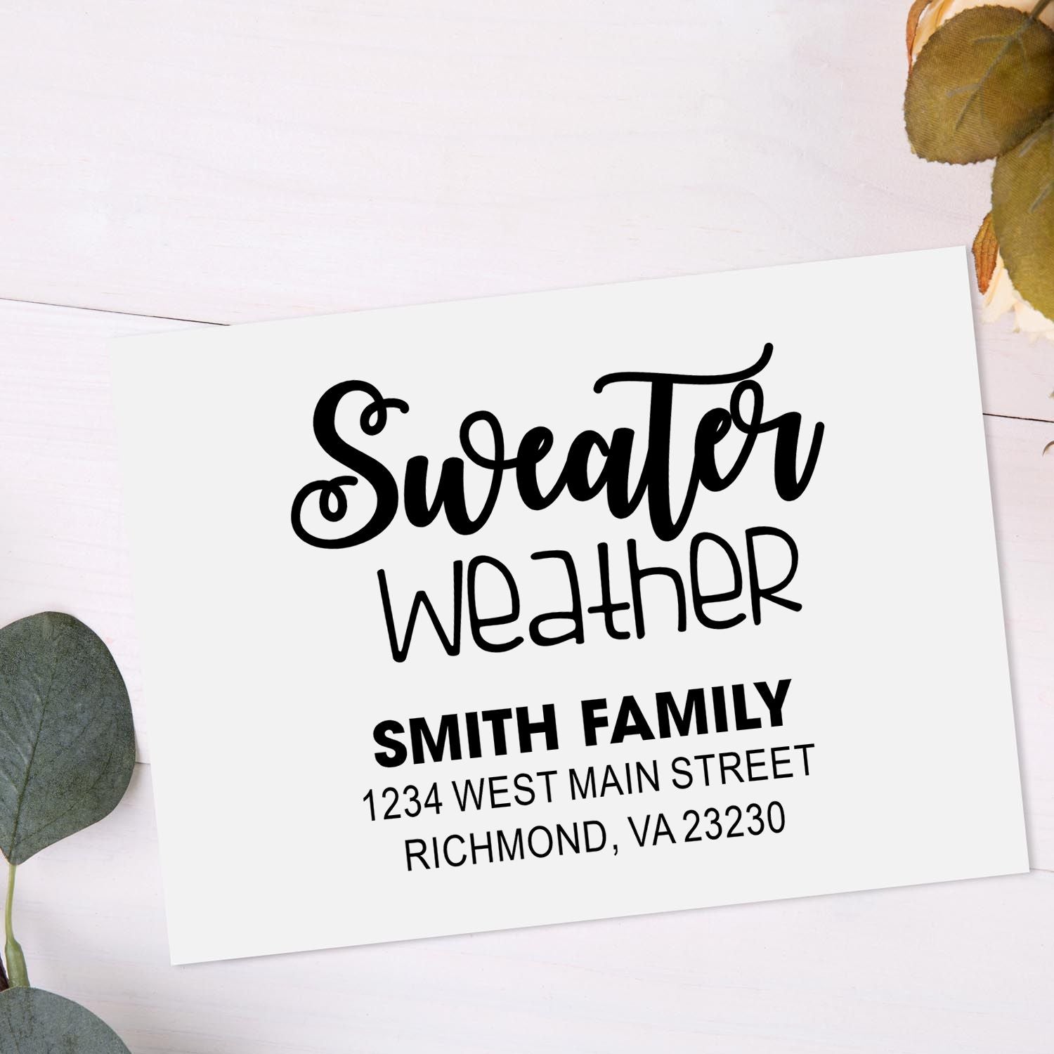 Custom Sweater Weather return address rubber stamp with Smith family name and mailing address for winter cards and envelopes.