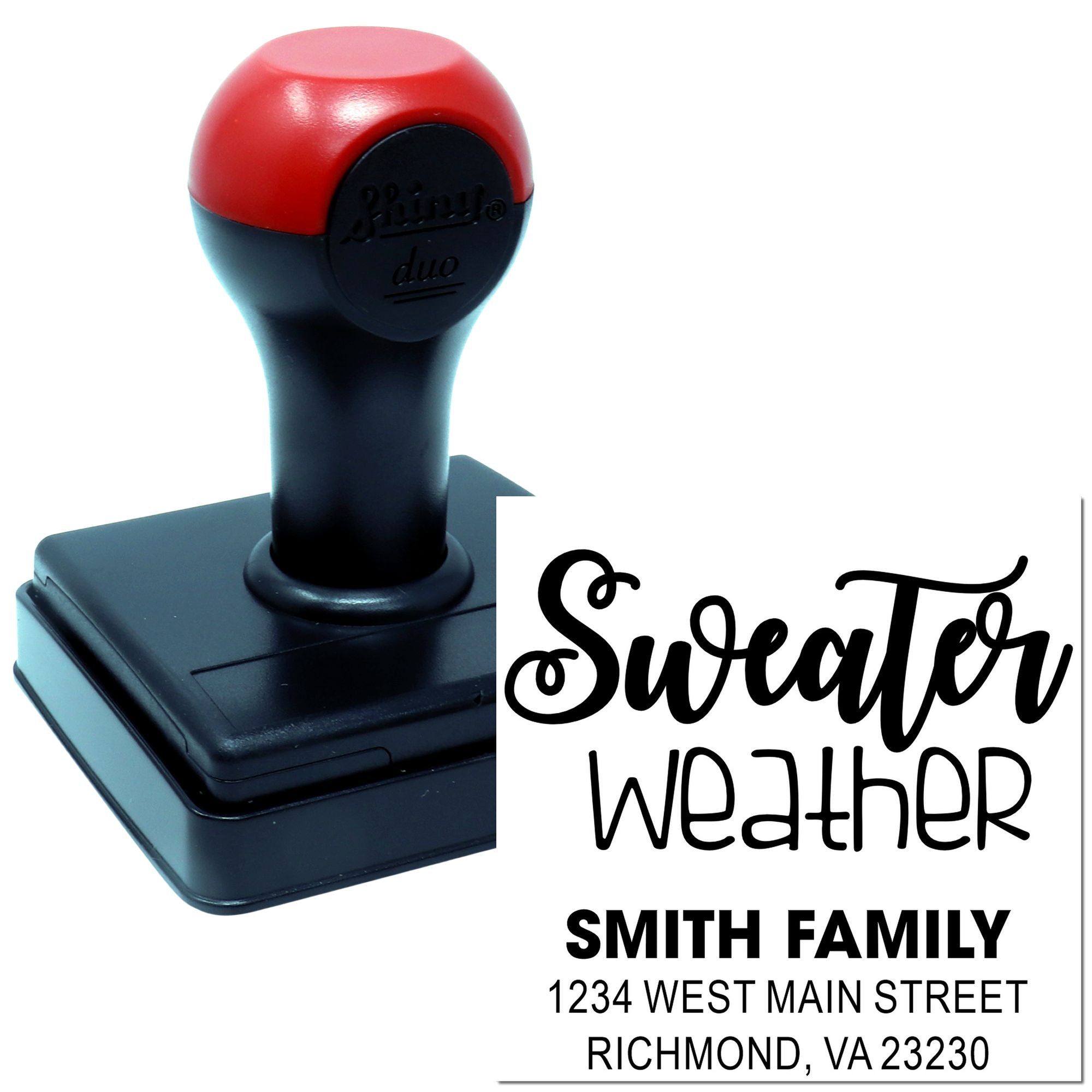 Custom self-inking rubber address stamp with Sweater Weather design for Smith Family return address in Richmond, VA.