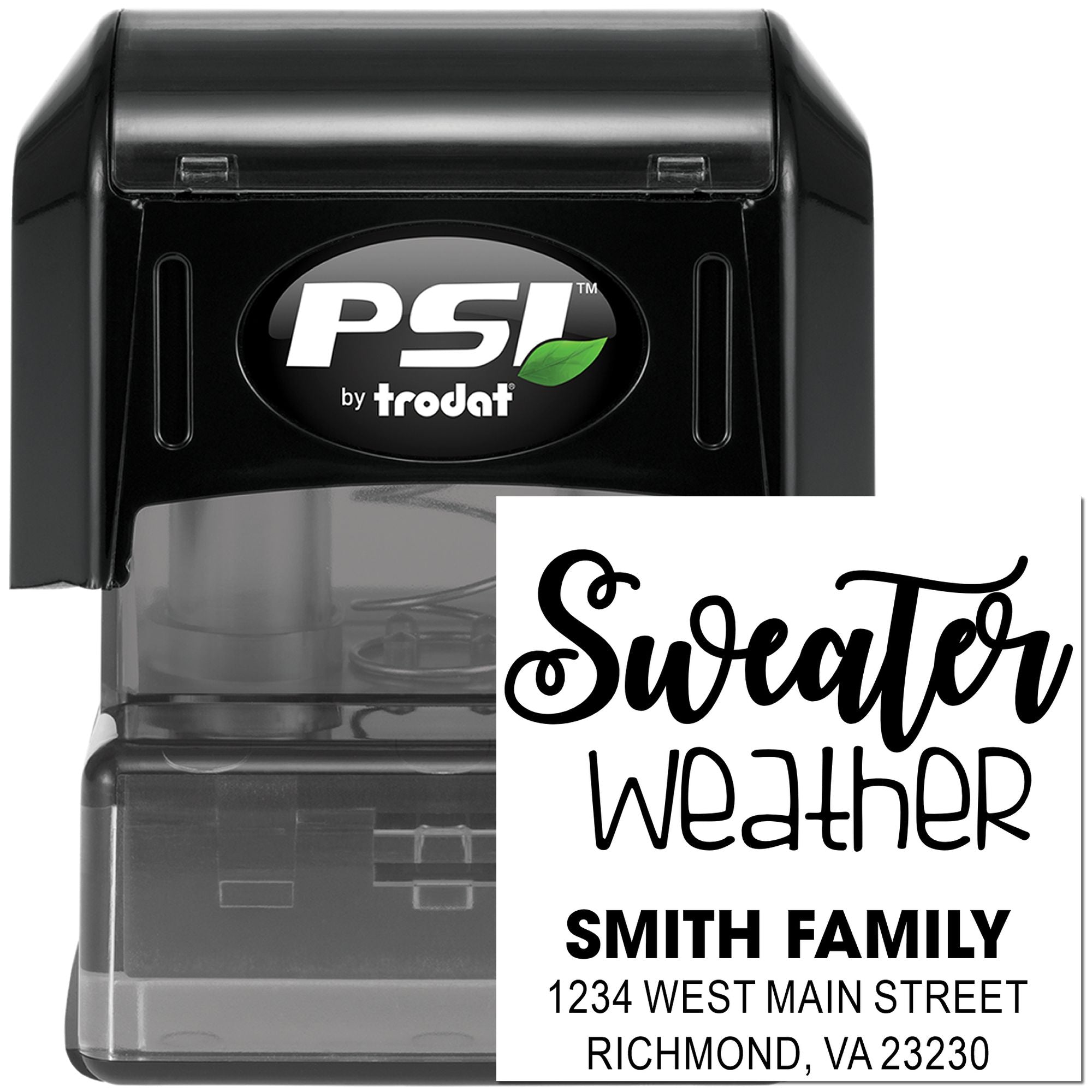 PSI by Trodat self-inking return address rubber stamp with custom Sweater Weather Smith family design.