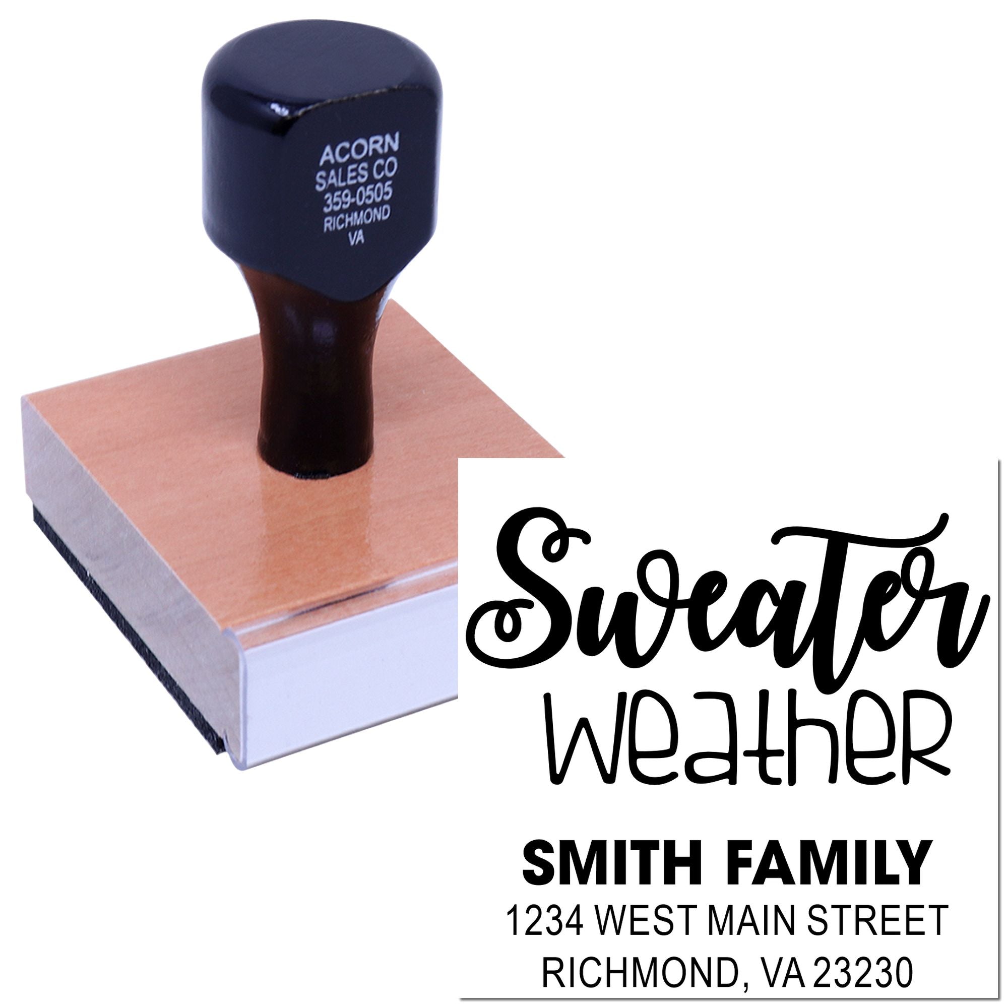 Custom rubber stamp with Sweater Weather design and Smith family return address sample for Richmond, VA mailings.
