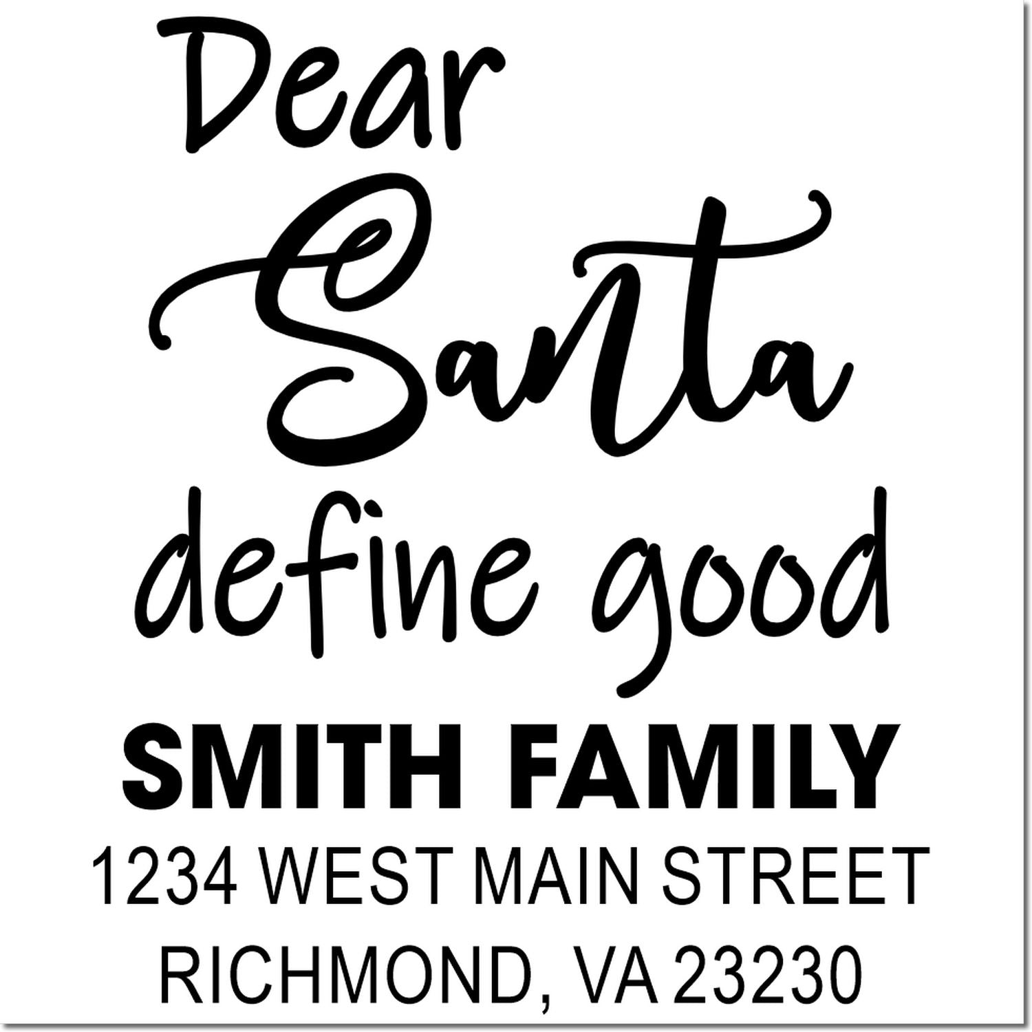 Personalized Dear Santa define good return address rubber stamp for holiday cards and Christmas mail.
