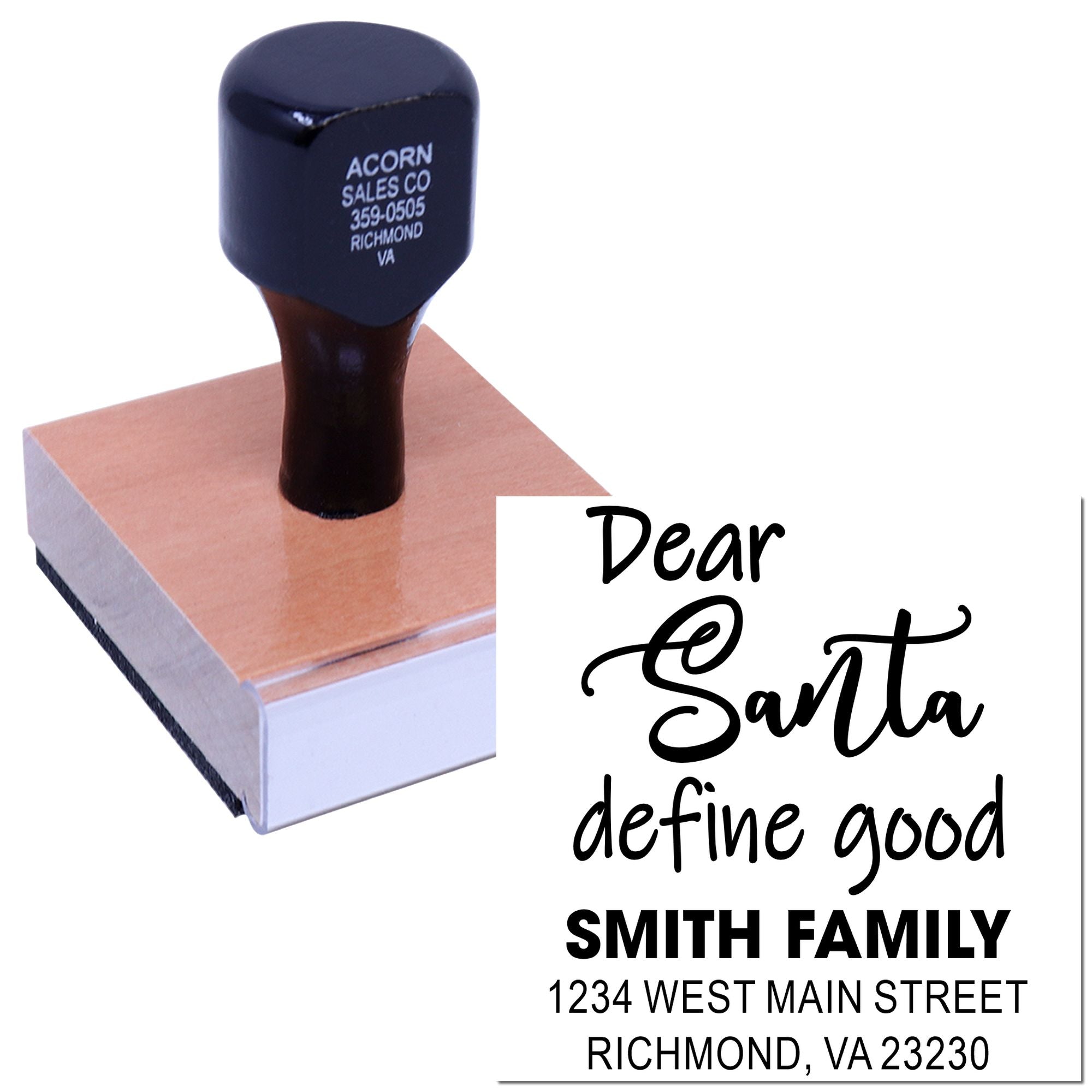 Custom return address rubber stamp with festive Dear Santa define good design for the Smith family, Richmond VA.