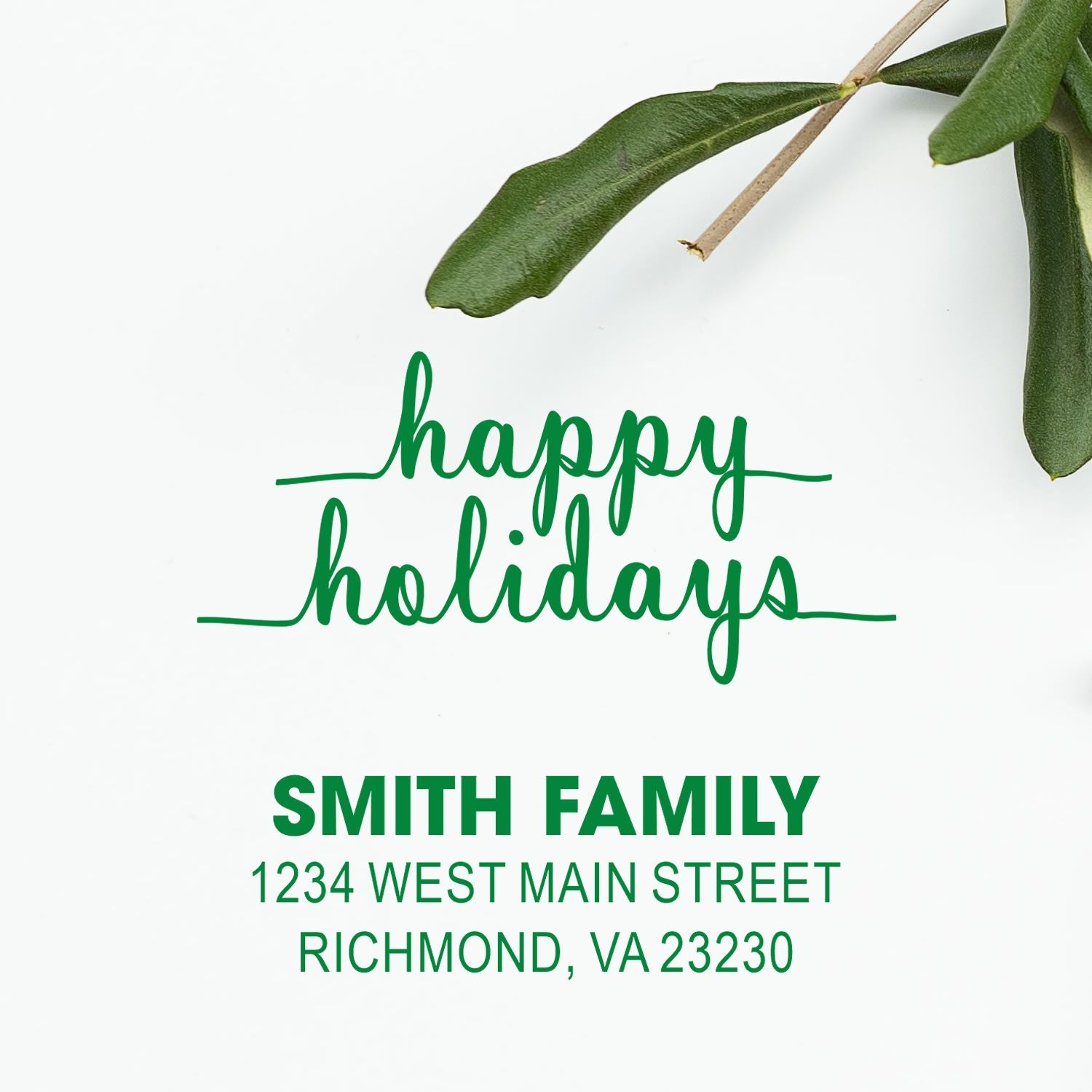 Custom holiday return address rubber stamp with Happy Holidays and Smith Family address
