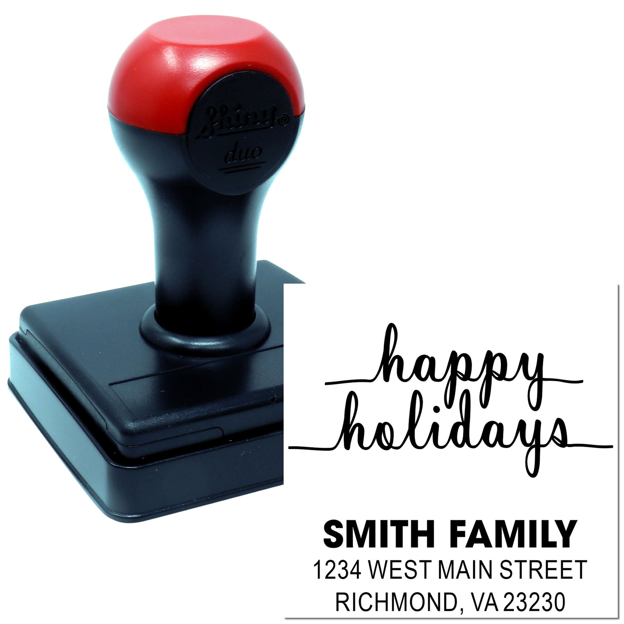 Custom self-inking rubber stamp with Happy Holidays design and Smith Family return address for festive mailings.