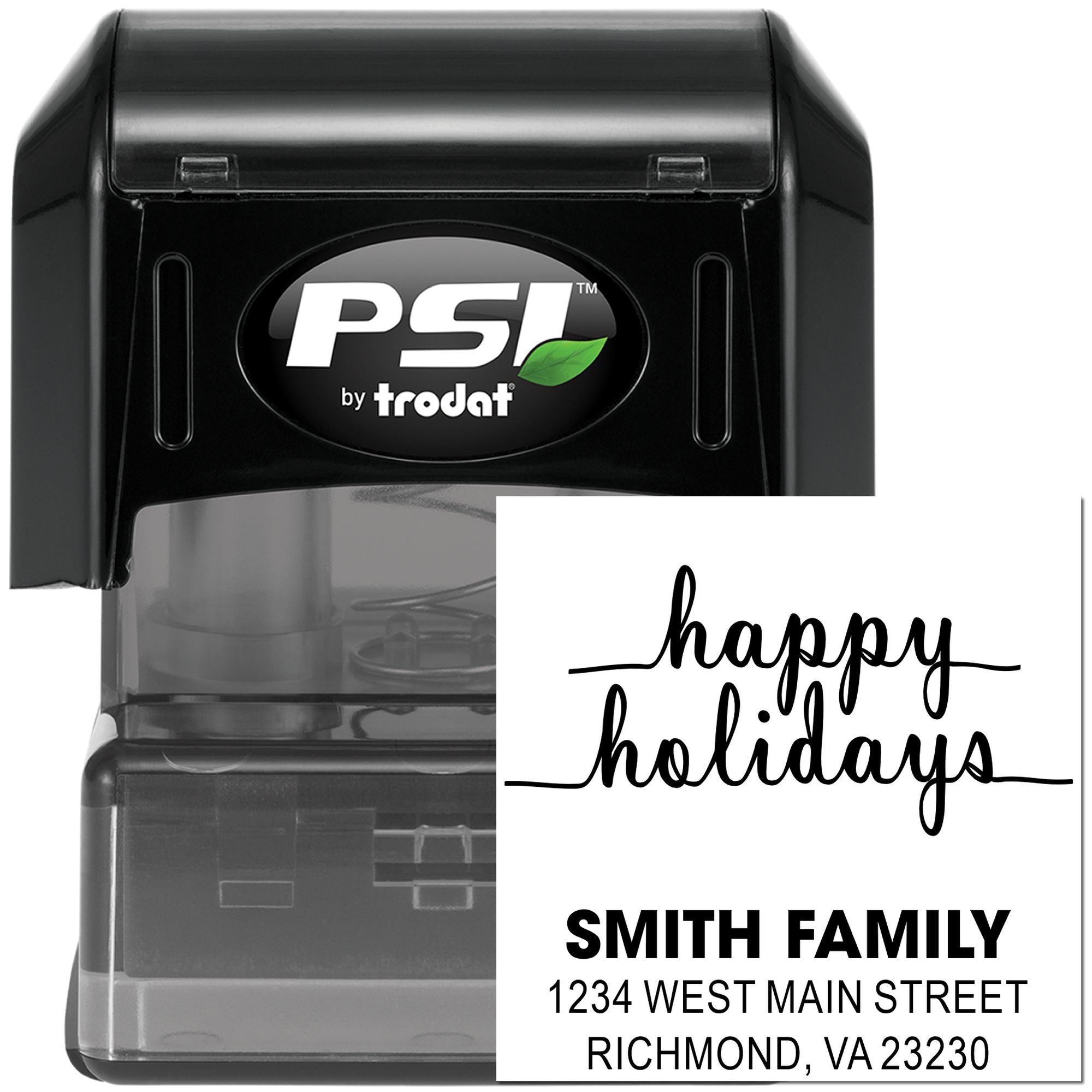 PSI by Trodat self-inking rubber stamp showing a custom Happy Holidays family return address imprint.