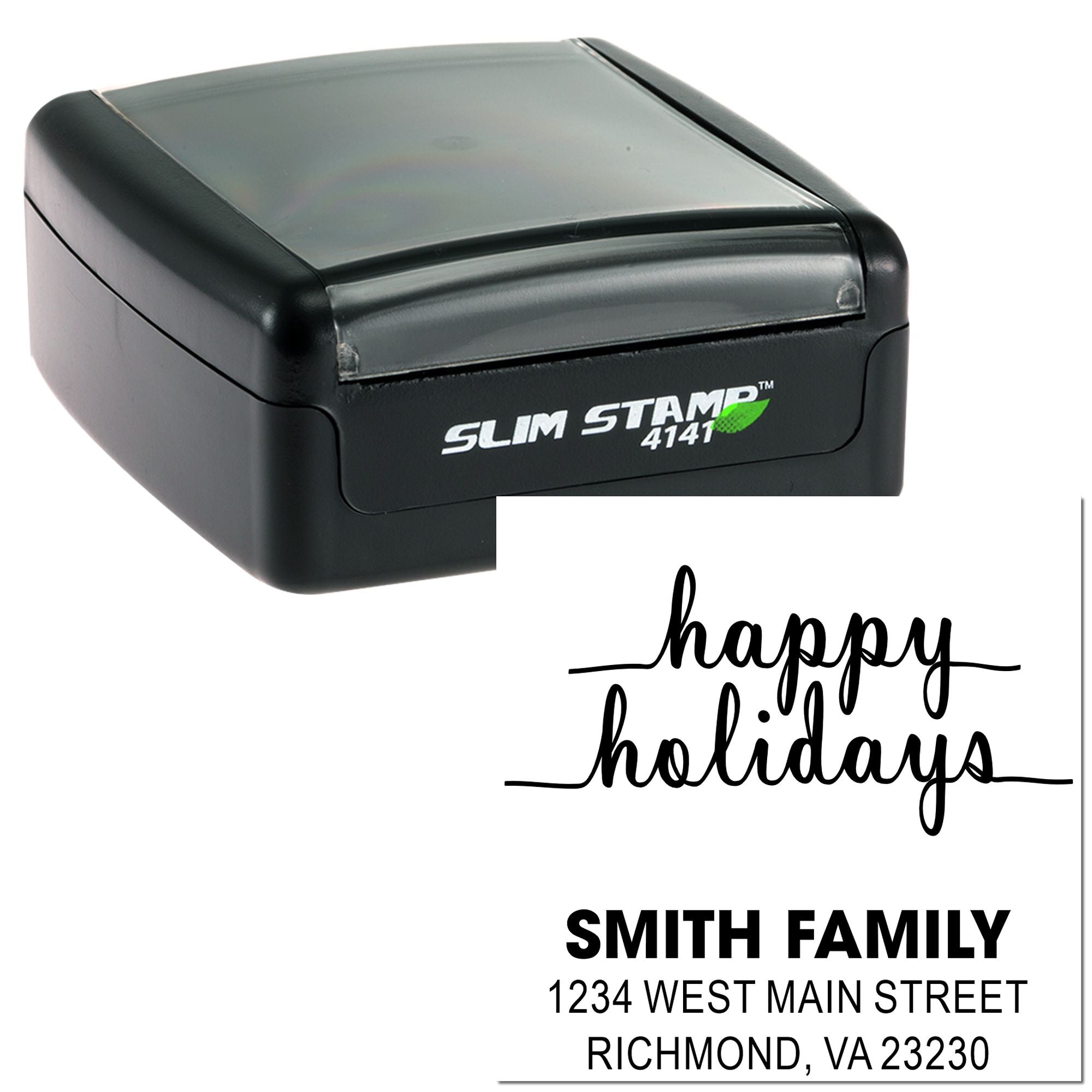 Slim Stamp 4141 self-inking rubber stamp showing custom holiday script and address imprint examples for personalized mailing.