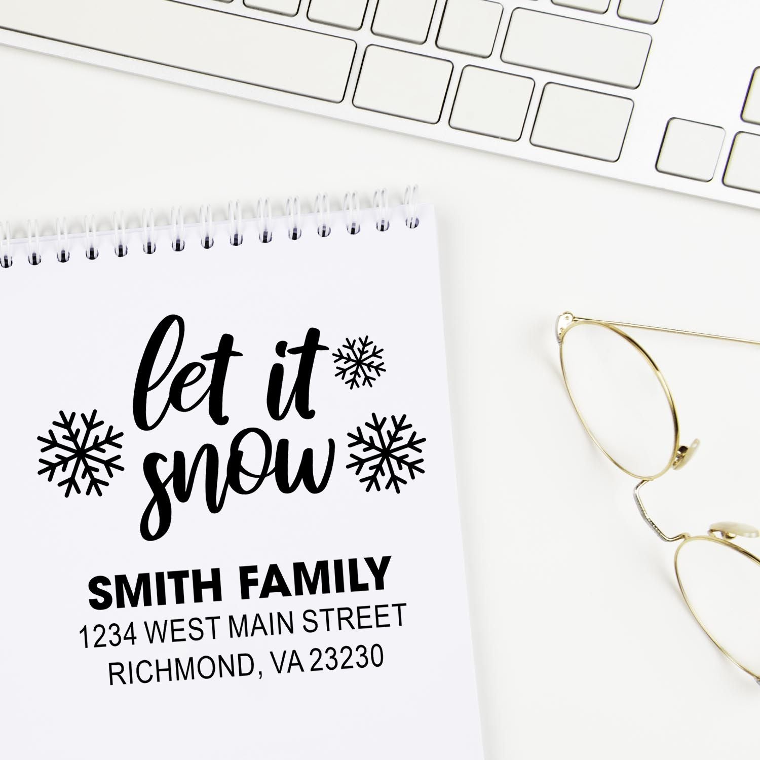Personalized winter address rubber stamp with Let It Snow design for holiday cards and mailings.