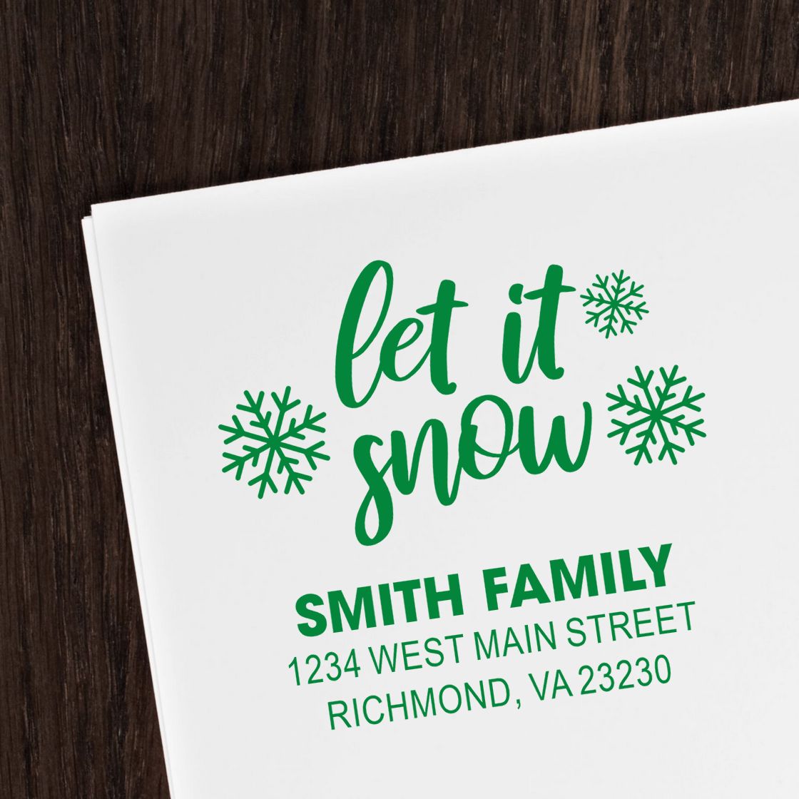 Personalized Christmas return address rubber stamp with Let It Snow snowflakes for Smith Family, Richmond, VA.