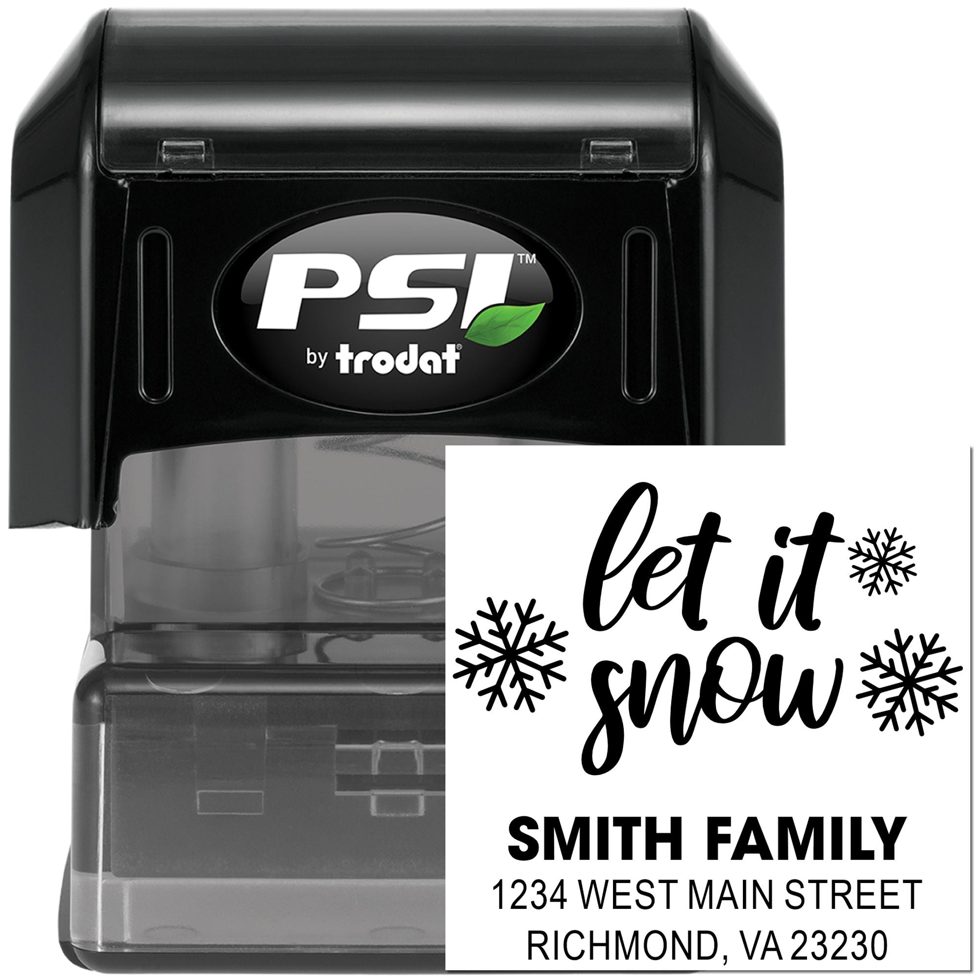 Custom PSI by Trodat self-inking rubber stamp with Let it Snow design and address for holiday cards and mailings.