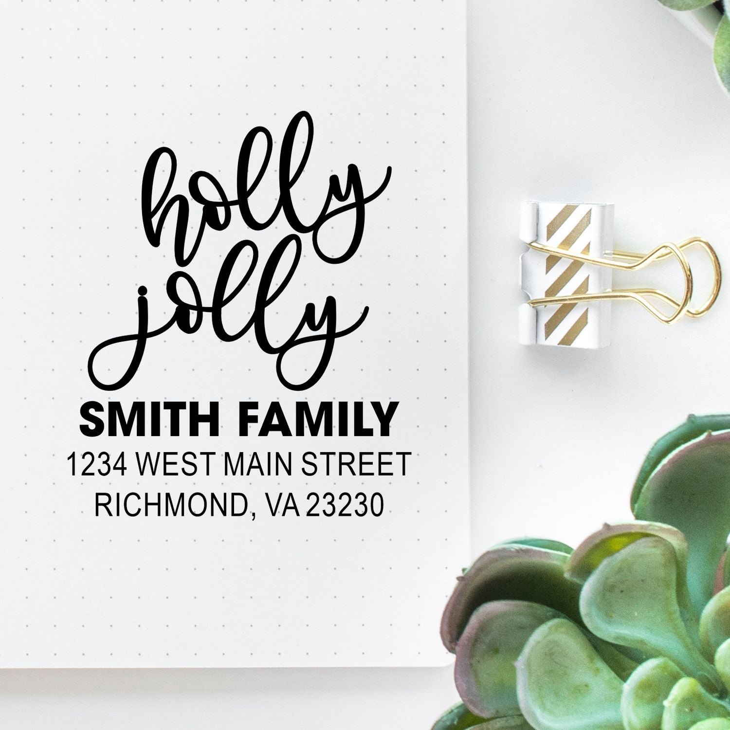 Custom holiday return address rubber stamp mockup with Holly Jolly script and Smith family address