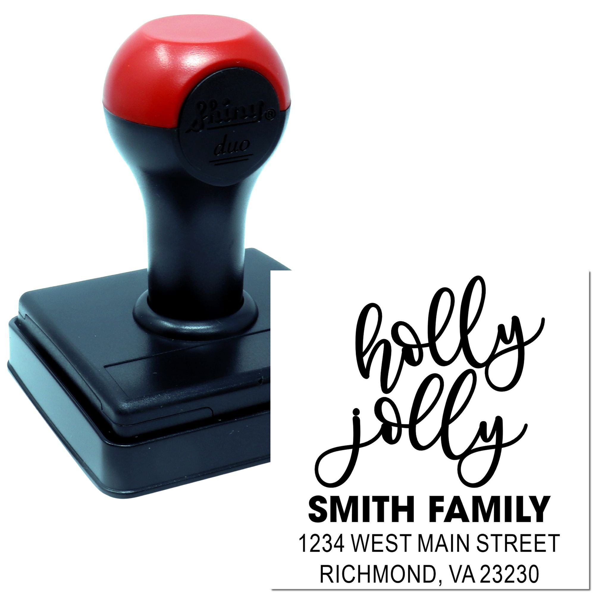 Custom holiday return address rubber stamp with holly jolly script, family name, and mailing address
