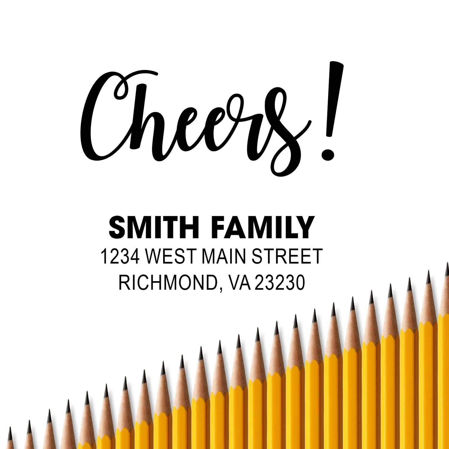 Personalized family return address rubber stamp with Cheers! script and Smith Family, Richmond VA 23230.