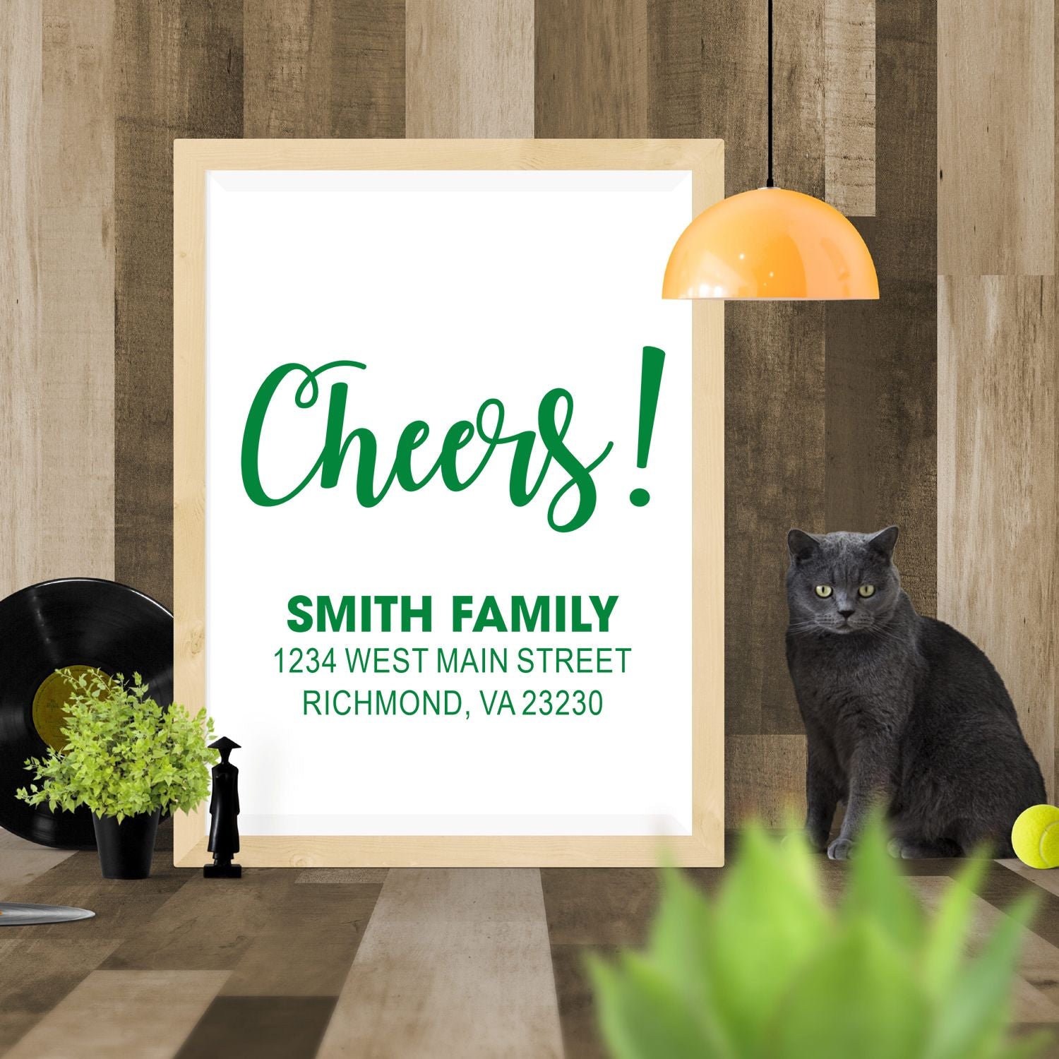 Custom rubber stamp design with Cheers! greeting, Smith Family name, and return address for personalized stationery.
