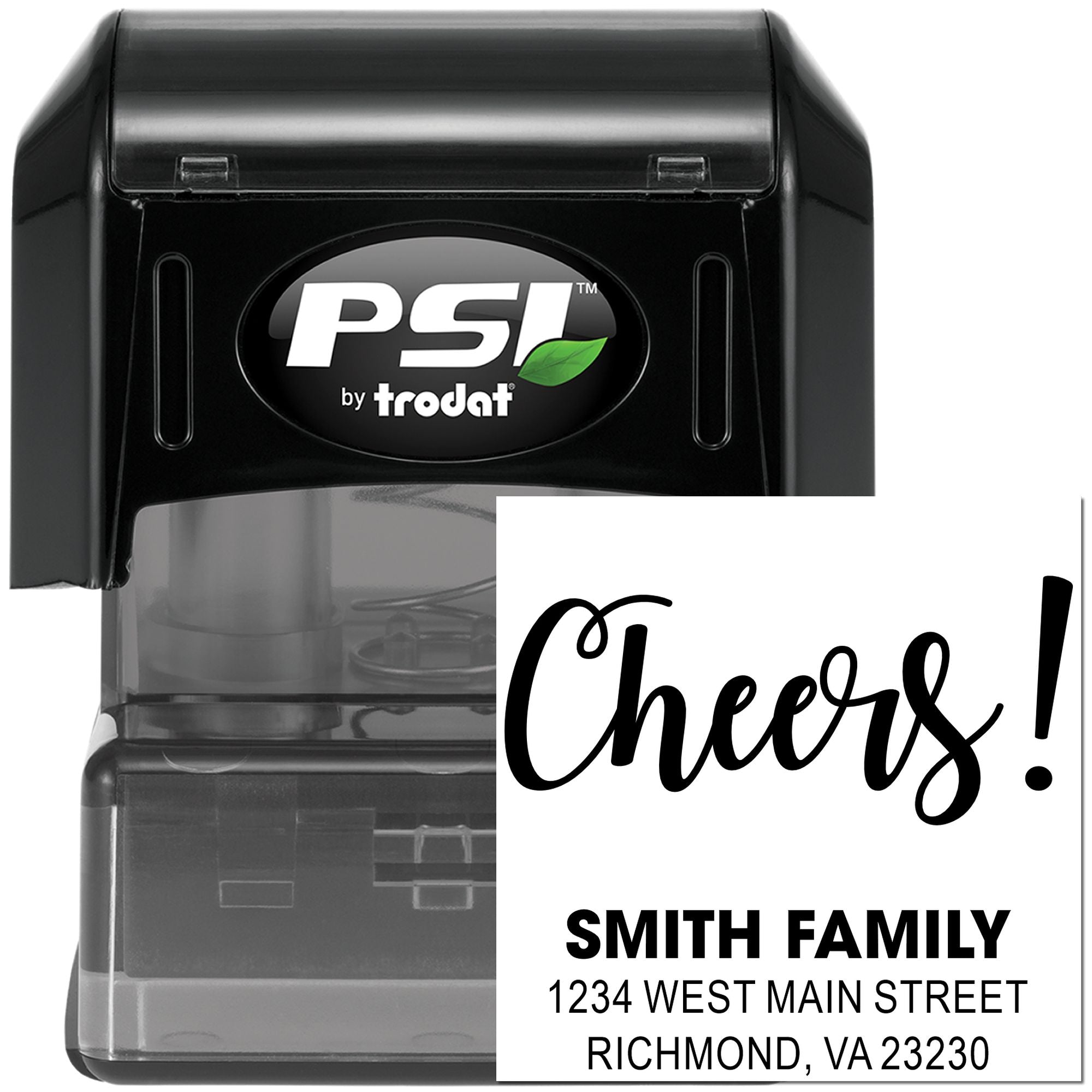 Custom self-inking return address rubber stamp with Cheers! for Smith Family cards, mail, and party invitations.