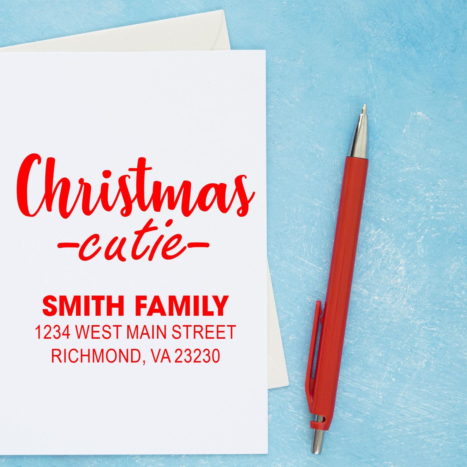 Custom Christmas address rubber stamp for holiday cards, featuring a festive Christmas cutie family return address.