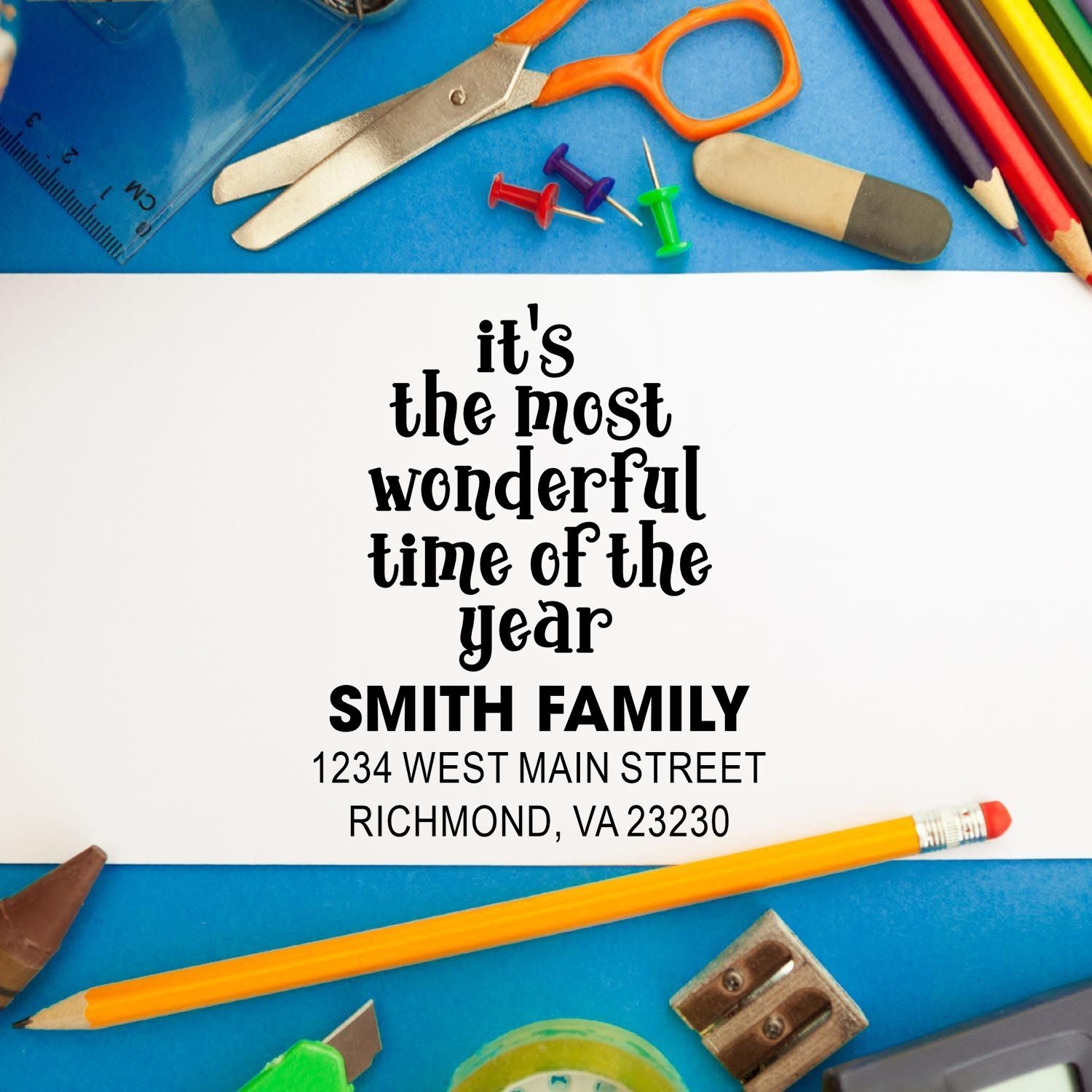 Custom holiday return address rubber stamp for Smith Family, with its the most wonderful time of the year design.