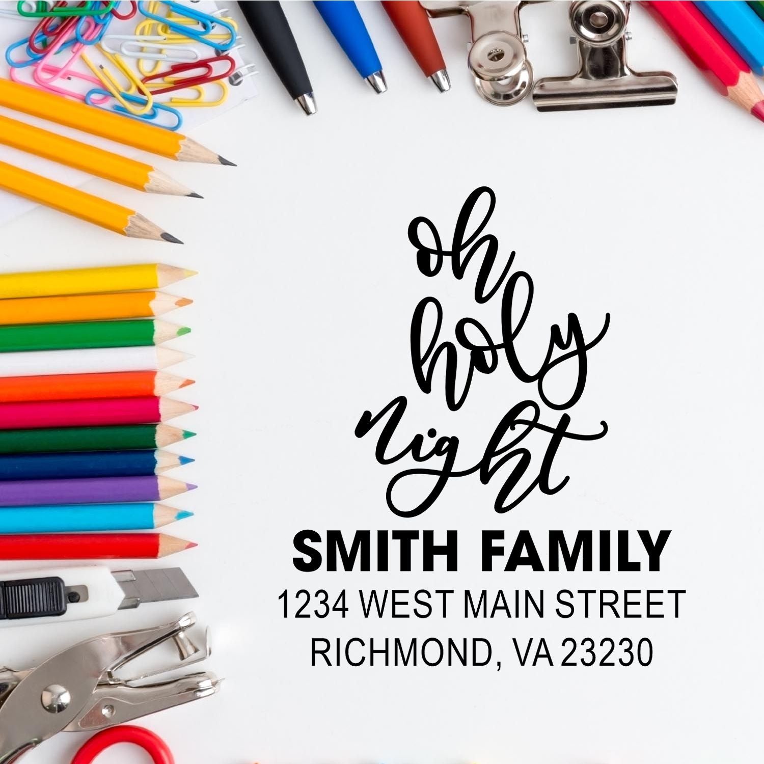 Custom rubber stamp for holiday cards with Oh Holy Night and Smith family return address.