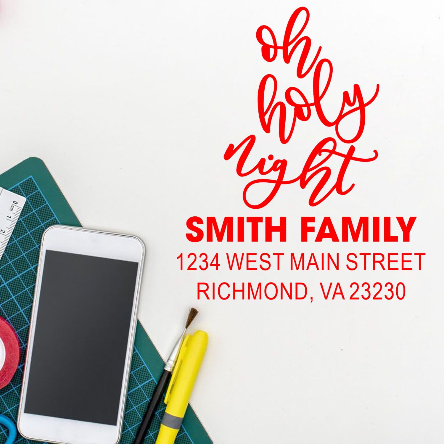 Custom holiday address rubber stamp with Oh Holy Night, Smith Family name, and Richmond, VA return address for Christmas cards.