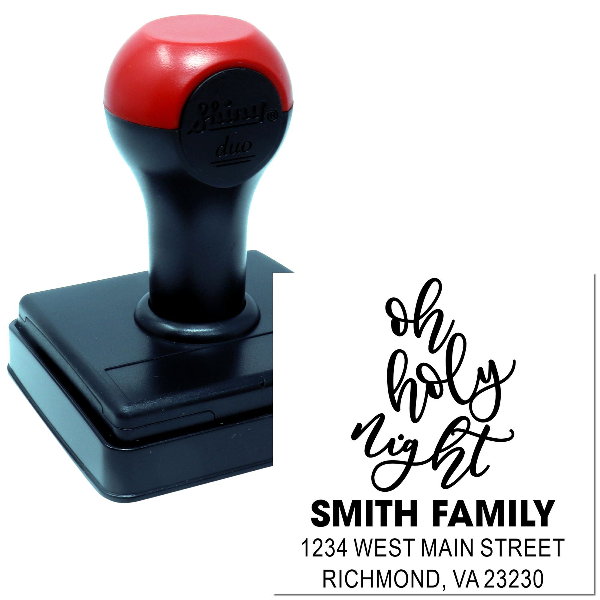 Custom self-inking rubber stamp with Oh Holy Night and Smith family return address design for holiday envelopes.