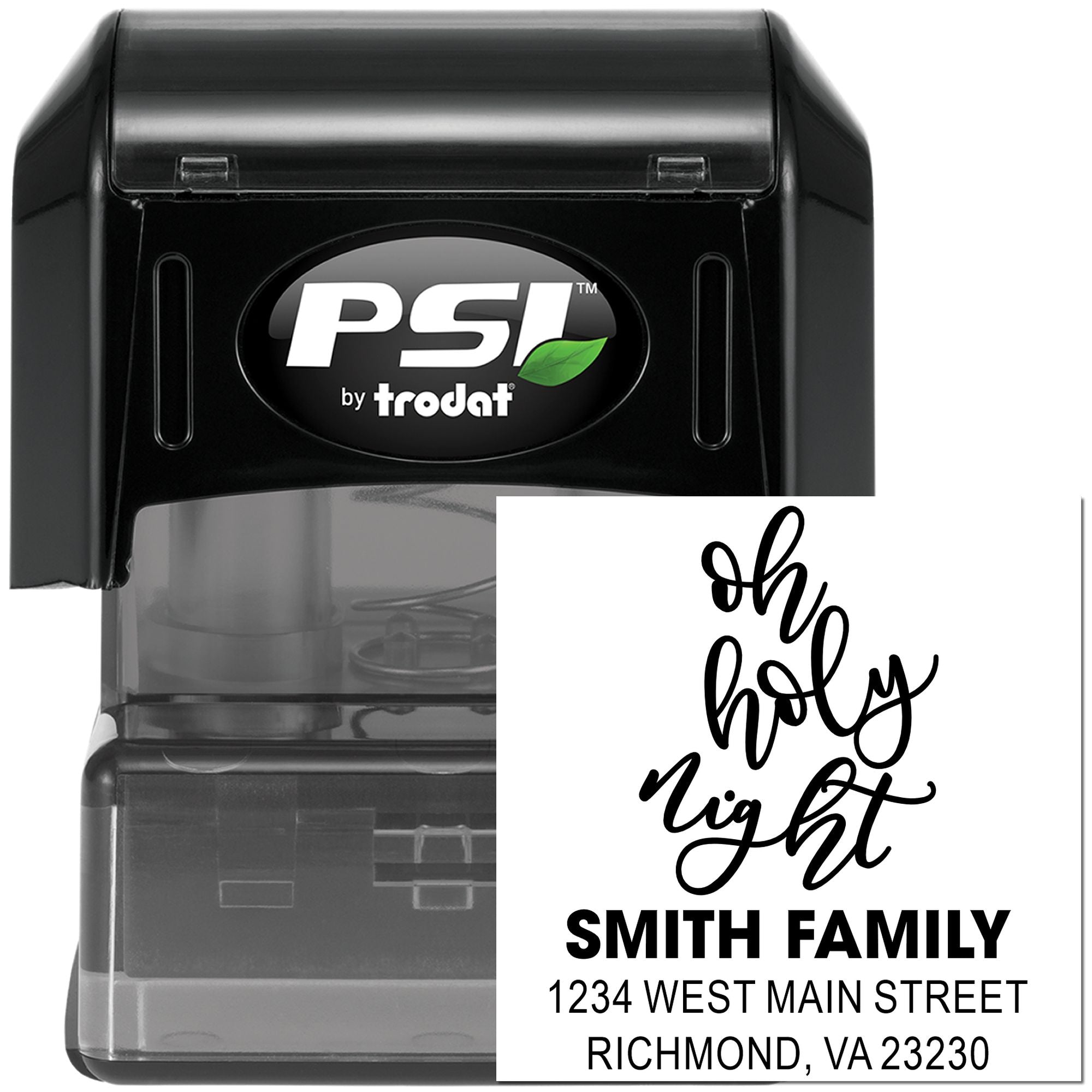 Trodat PSI self-inking custom rubber stamp with Oh Holy Night design and Smith family address for holiday cards.