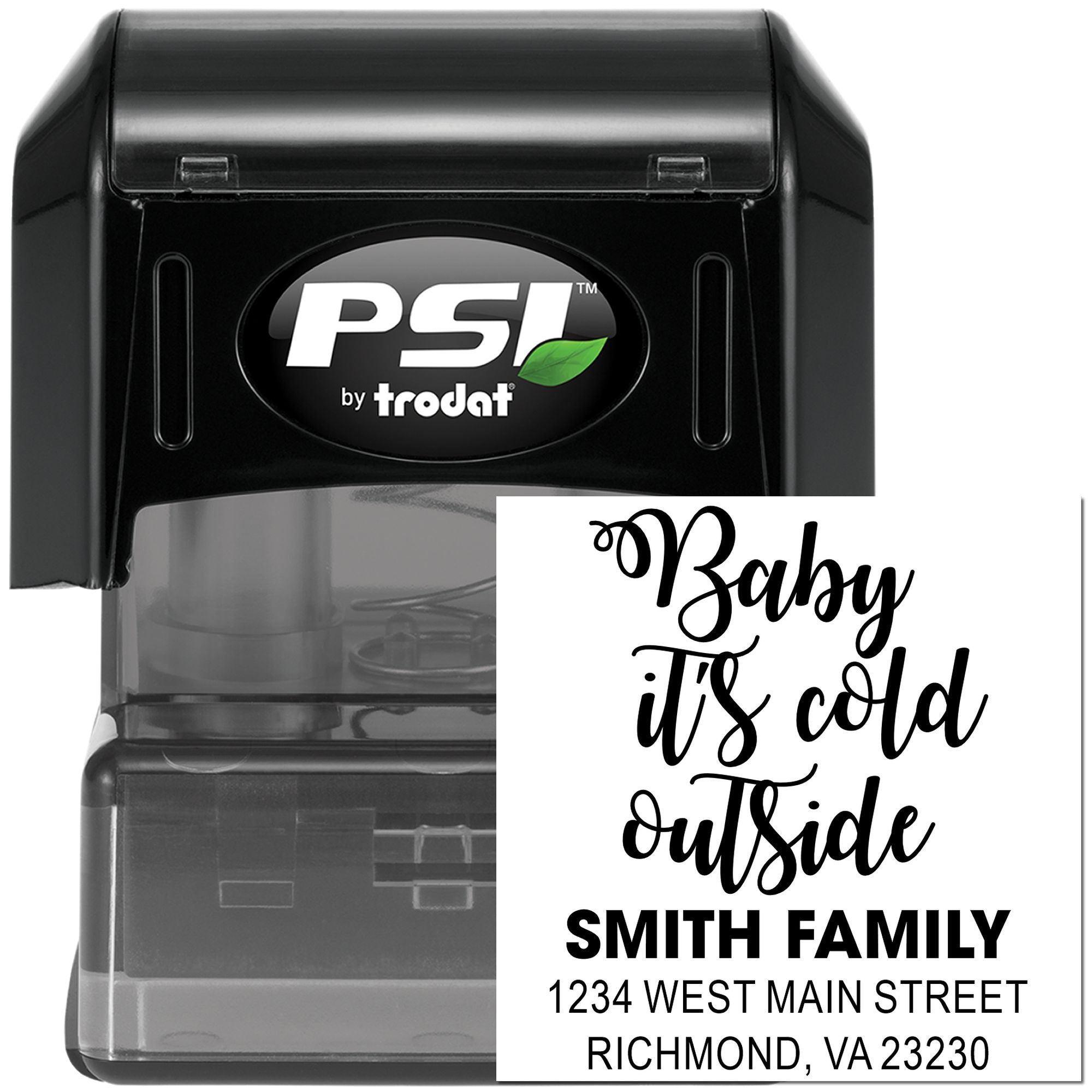 Custom self-inking rubber address stamp with Baby its cold outside design and Smith family return address for holiday mailings.