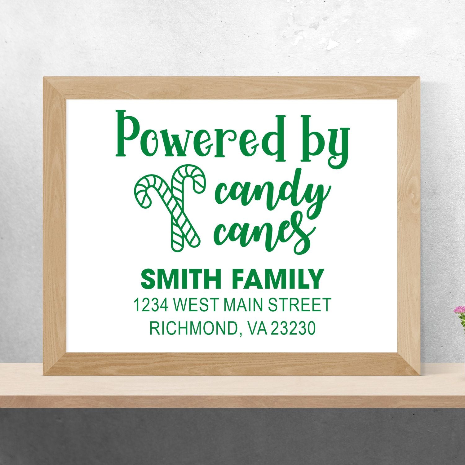Personalized holiday address rubber stamp with Powered by Candy Canes design for Smith family.