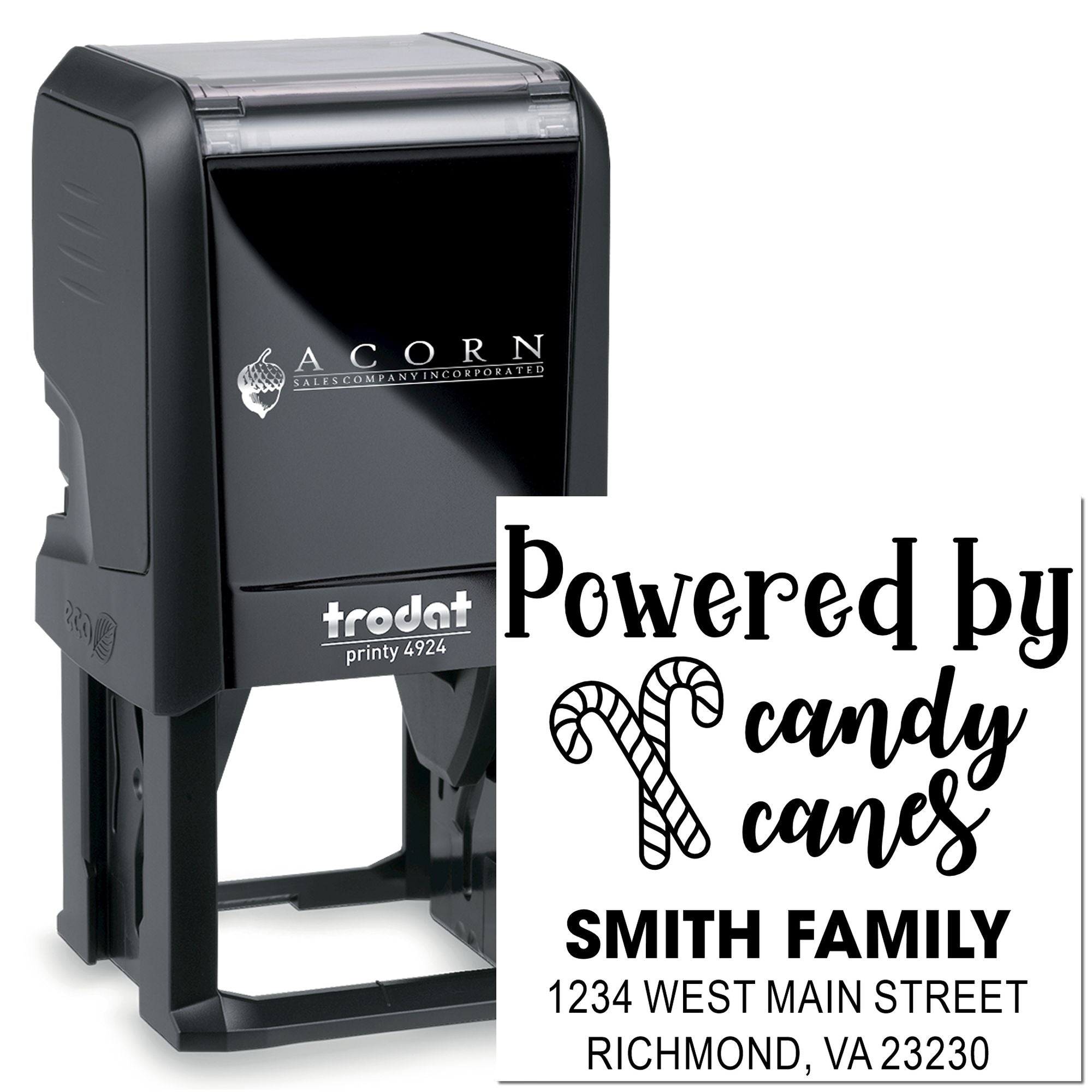 Trodat Printy self-inking rubber stamp with custom Powered by candy canes holiday design and Smith Family address imprint.