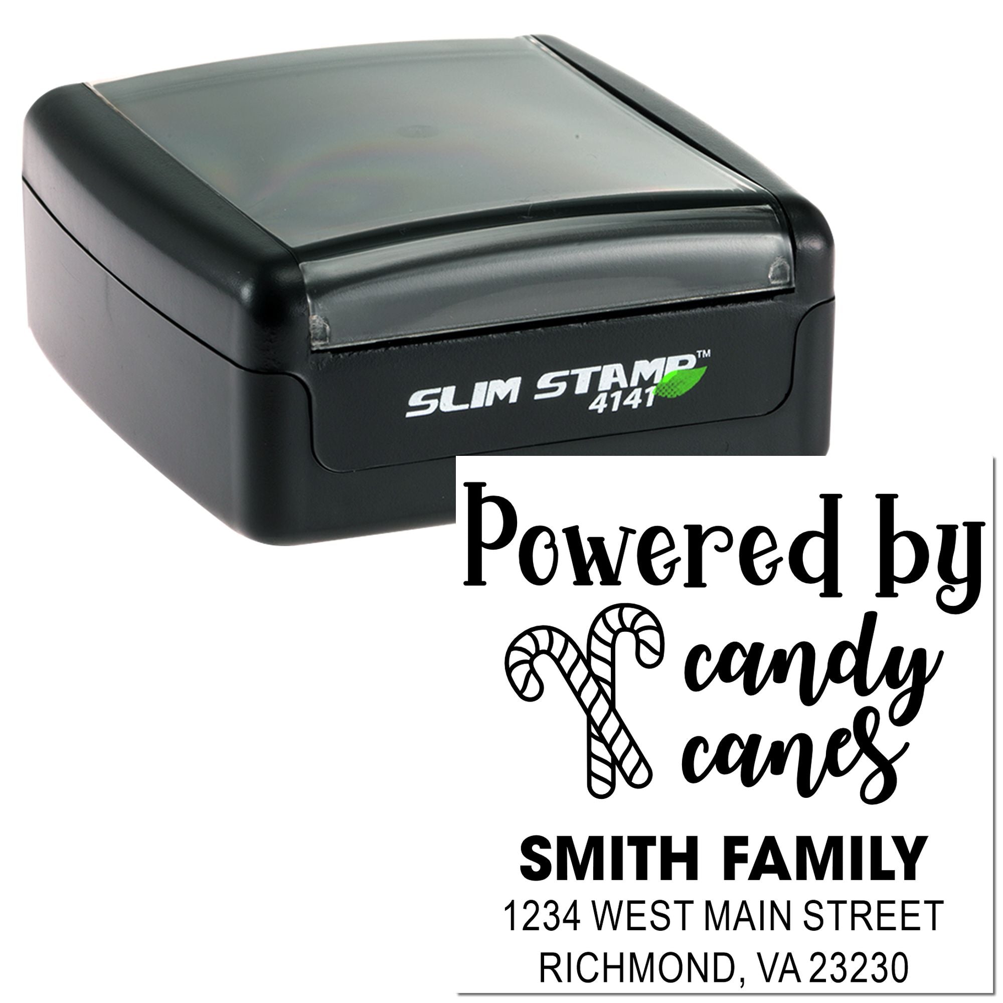 Custom self-inking rubber address stamp with holiday candy cane design for cards, gifts, and packaging