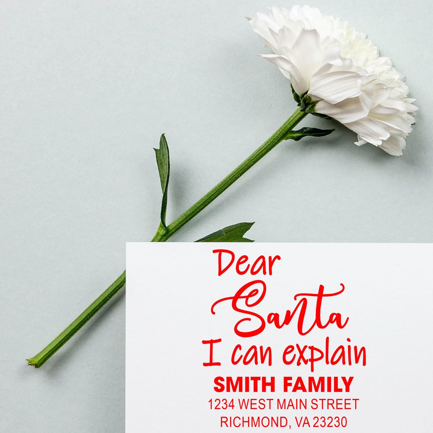 Personalized Christmas rubber stamp with Dear Santa I can explain and Smith Family return address for holiday cards.