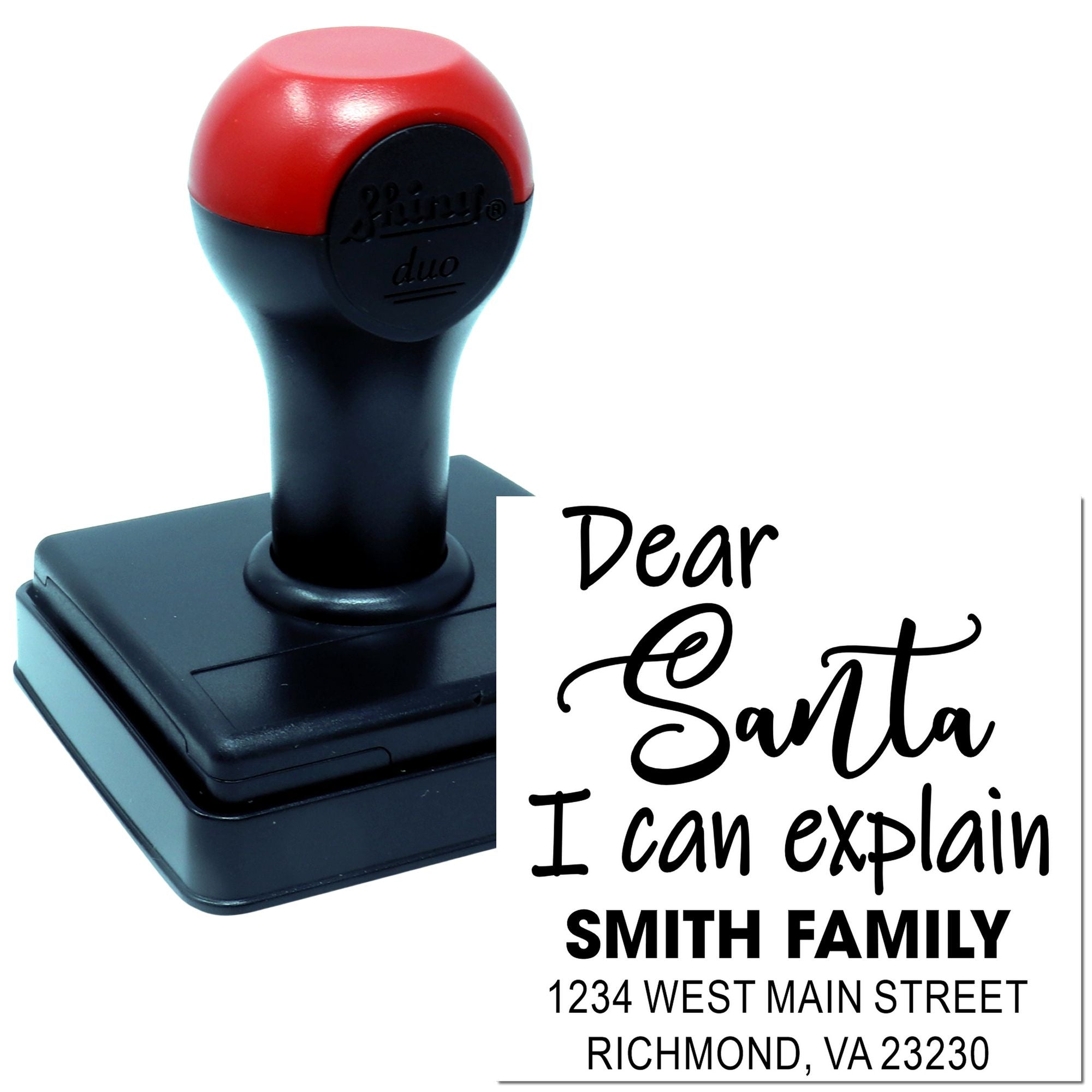 Custom self-inking rubber stamp with personalized return address and holiday message for Smith Family, Richmond VA.