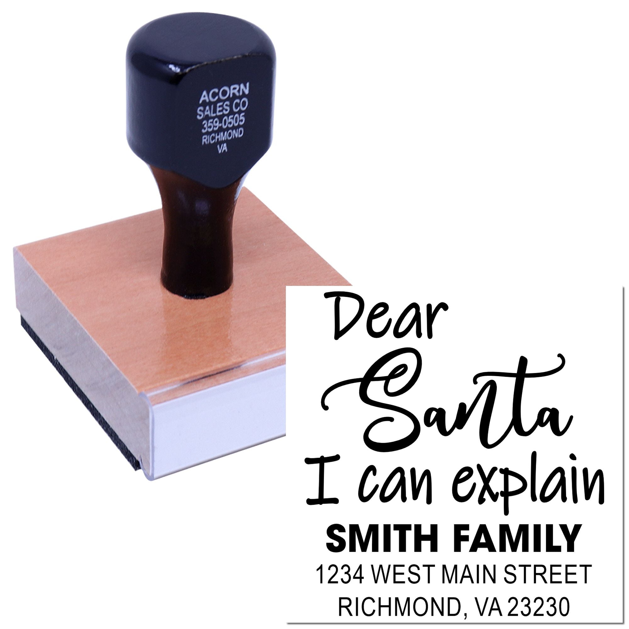 Personalized rubber address stamp for the Smith family with Dear Santa I can explain holiday mail design