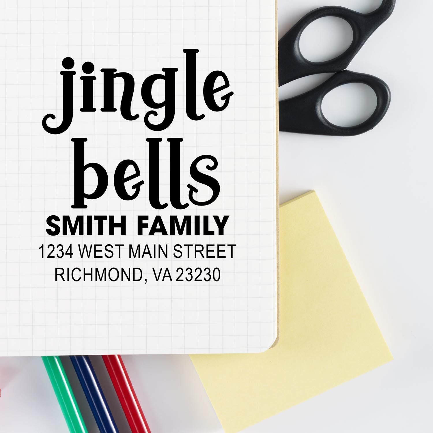 Custom jingle bells return address rubber stamp with Smith Family name and Richmond, VA address design