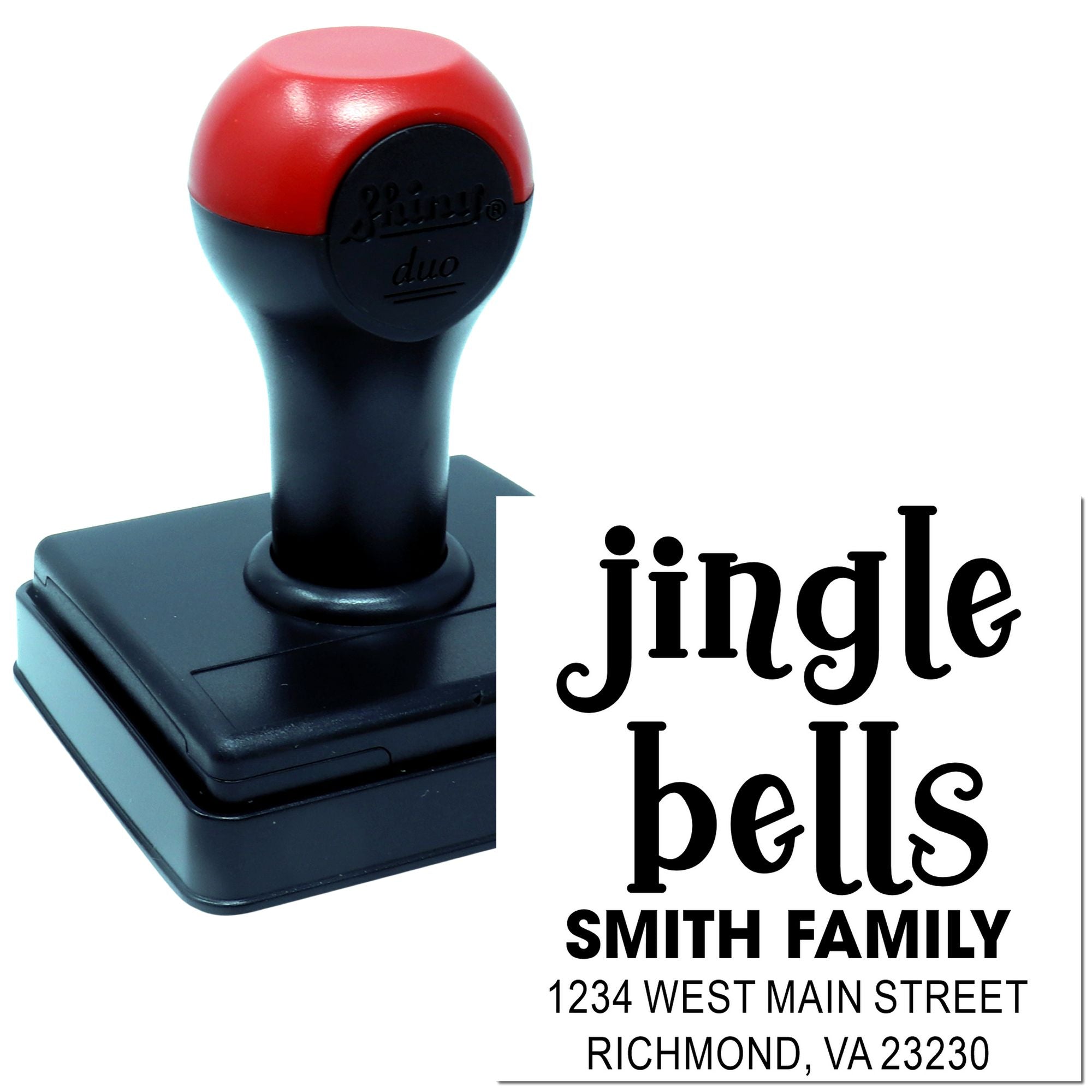 Custom self-inking rubber stamp with jingle bells family return address imprint for holiday cards and mailings.