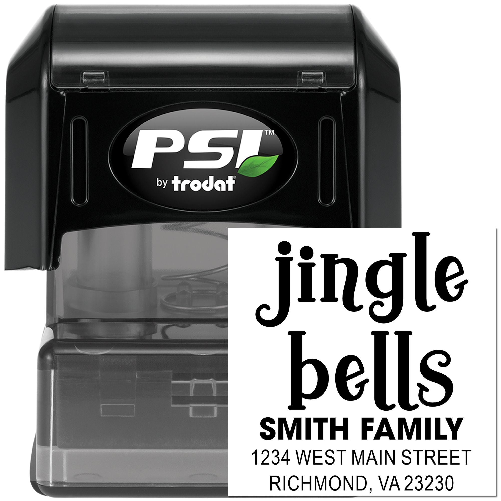 PSI by Trodat custom self-inking return address rubber stamp for Smith Family, Richmond VA, with jingle bells design.