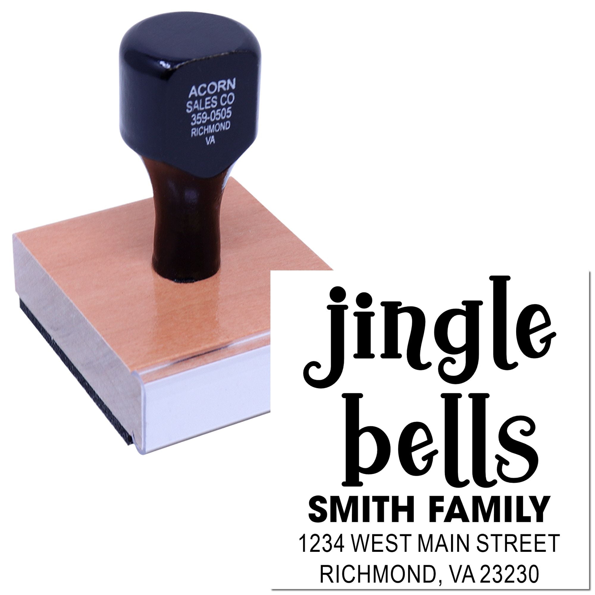 Personalized rubber stamp with custom family return address imprint, Jingle Bells design, Smith Family, Richmond, VA.