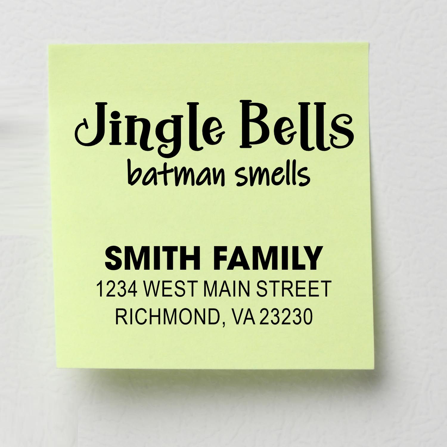 Custom family return address rubber stamp with festive "Jingle Bells, Batman Smells" design and Smith family, Richmond, VA address.