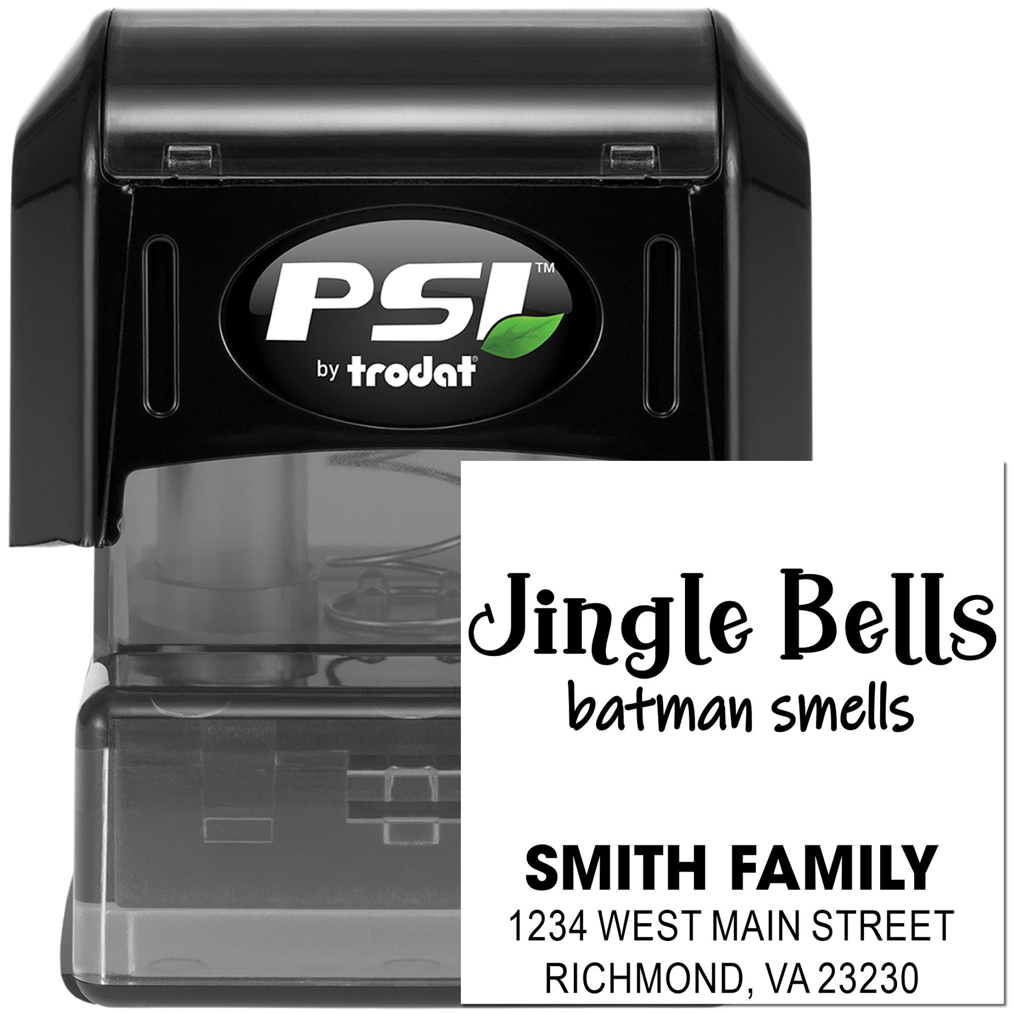 PSI by Trodat self-inking rubber stamp with custom address and holiday message sample for personalized mailing and business use