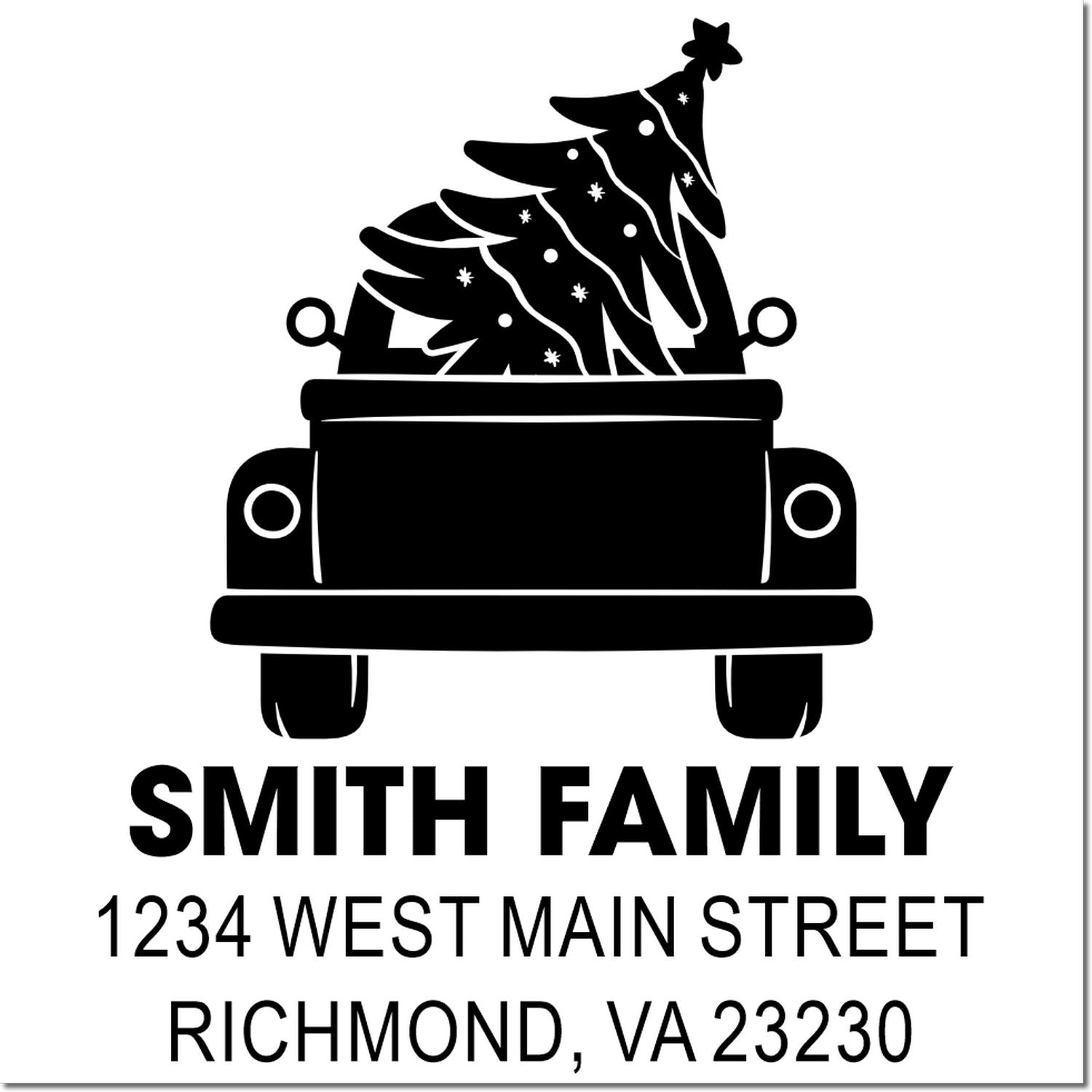 Personalized return address rubber stamp with Christmas tree truck design for Smith Family, Richmond, VA 23230