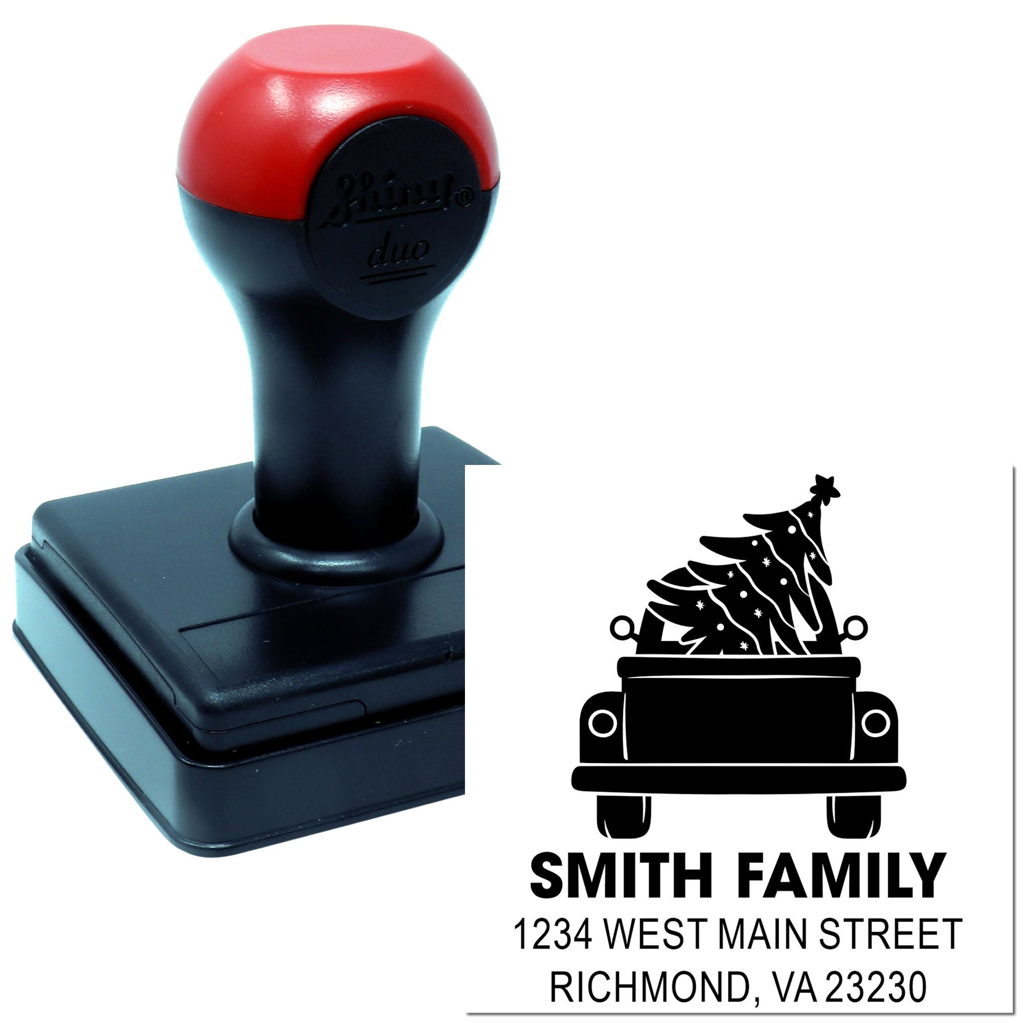 Custom self-inking return address rubber stamp with festive Smith family holiday design and address imprint