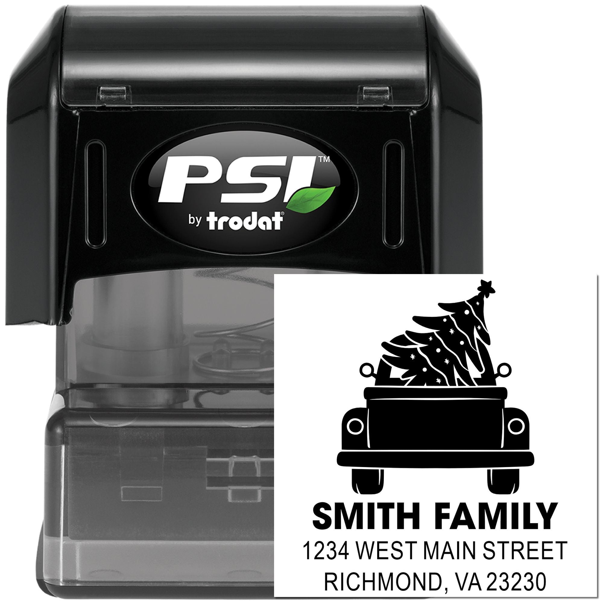 PSI by Trodat self-inking custom address rubber stamp with holiday tree truck design and Smith Family return address.