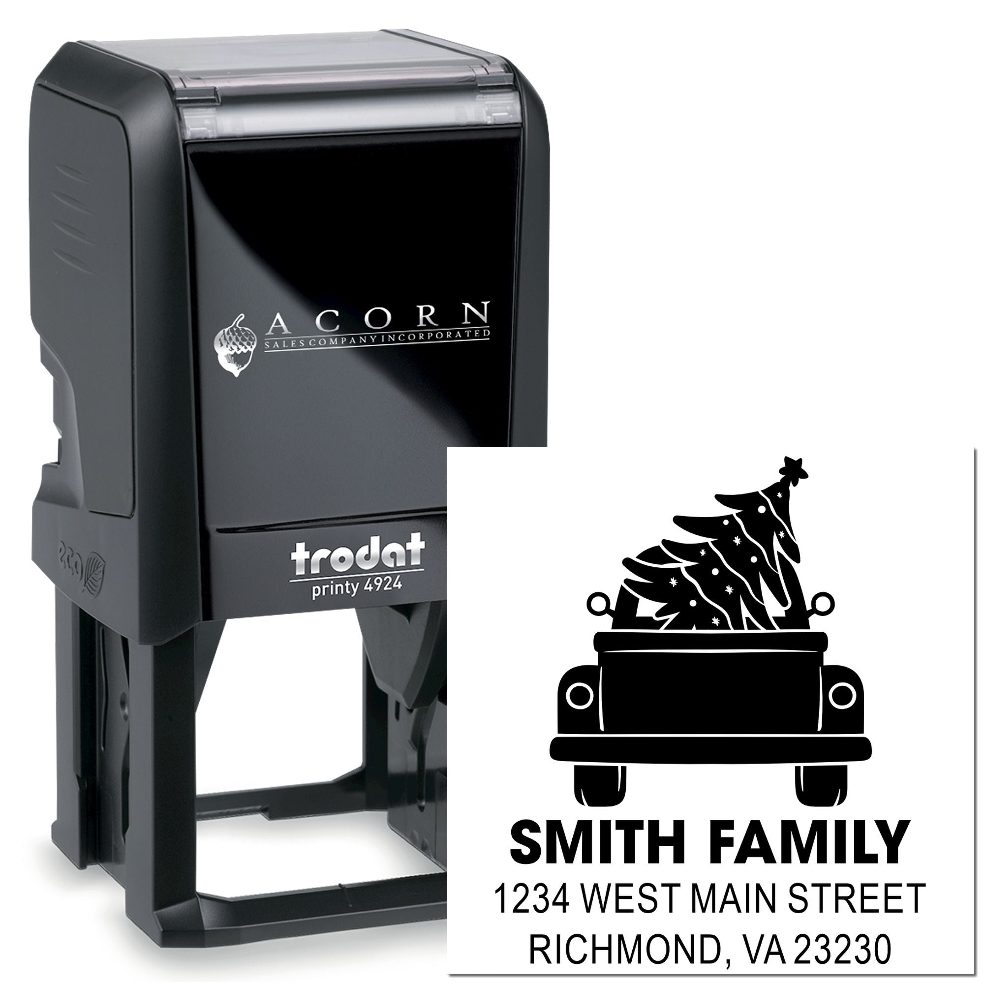 Custom self-inking rubber address stamp with family name, address, and holiday truck design, Trodat Printy 4924.