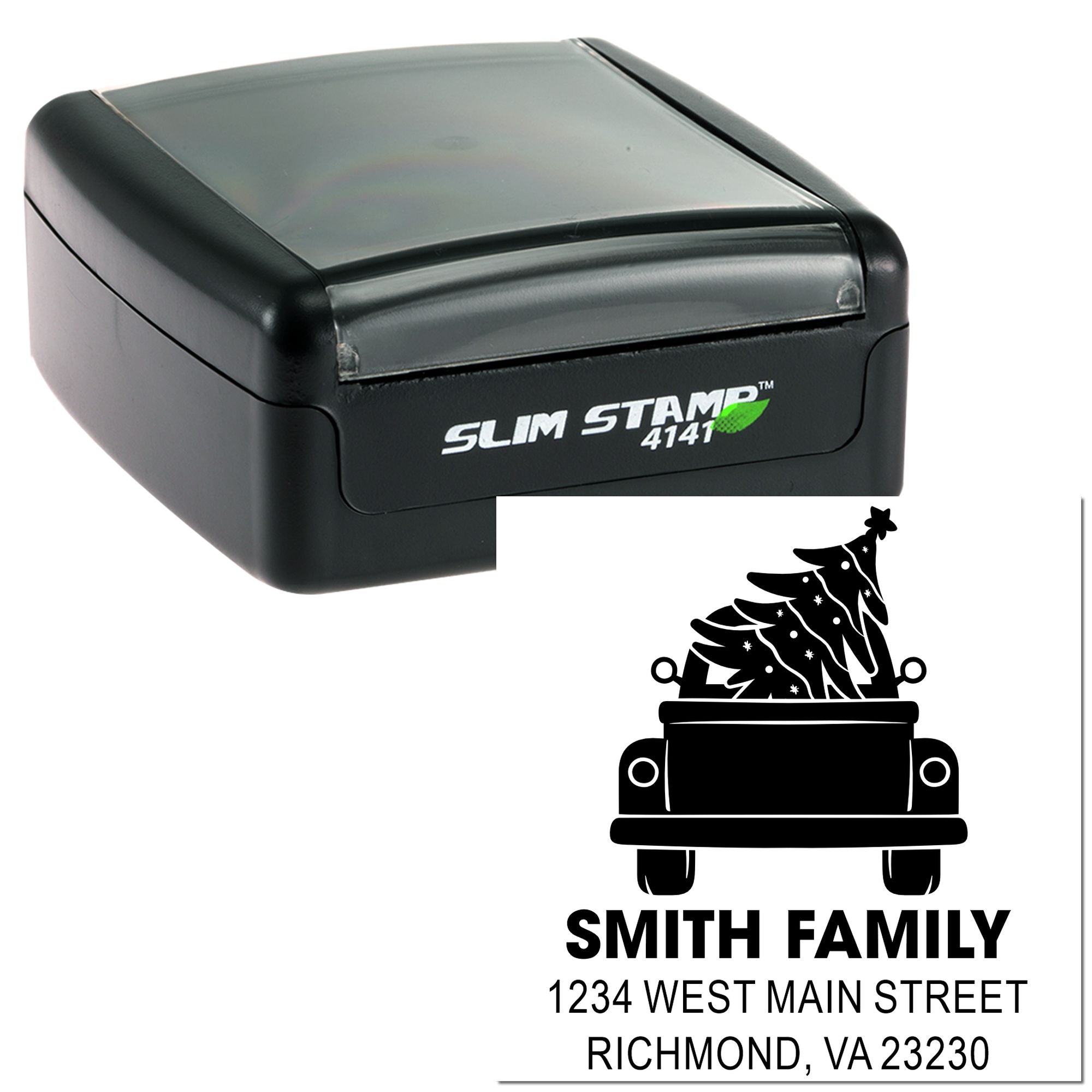 Slim Stamp 4141 self-inking rubber stamp with custom holiday return address imprint for mailing labels.
