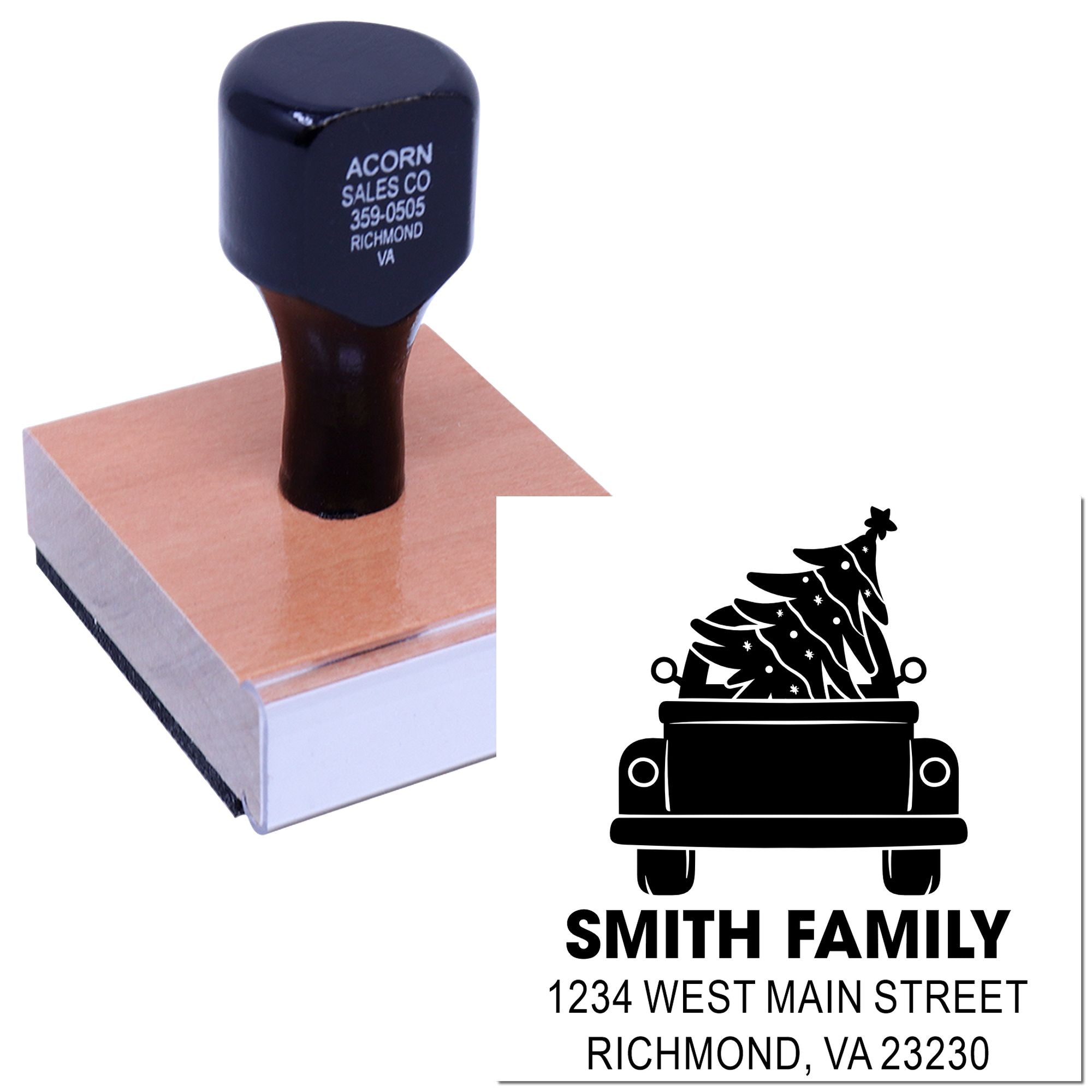 Personalized holiday return address rubber stamp with Smith family design and Richmond, VA address on a wooden stamp block.
