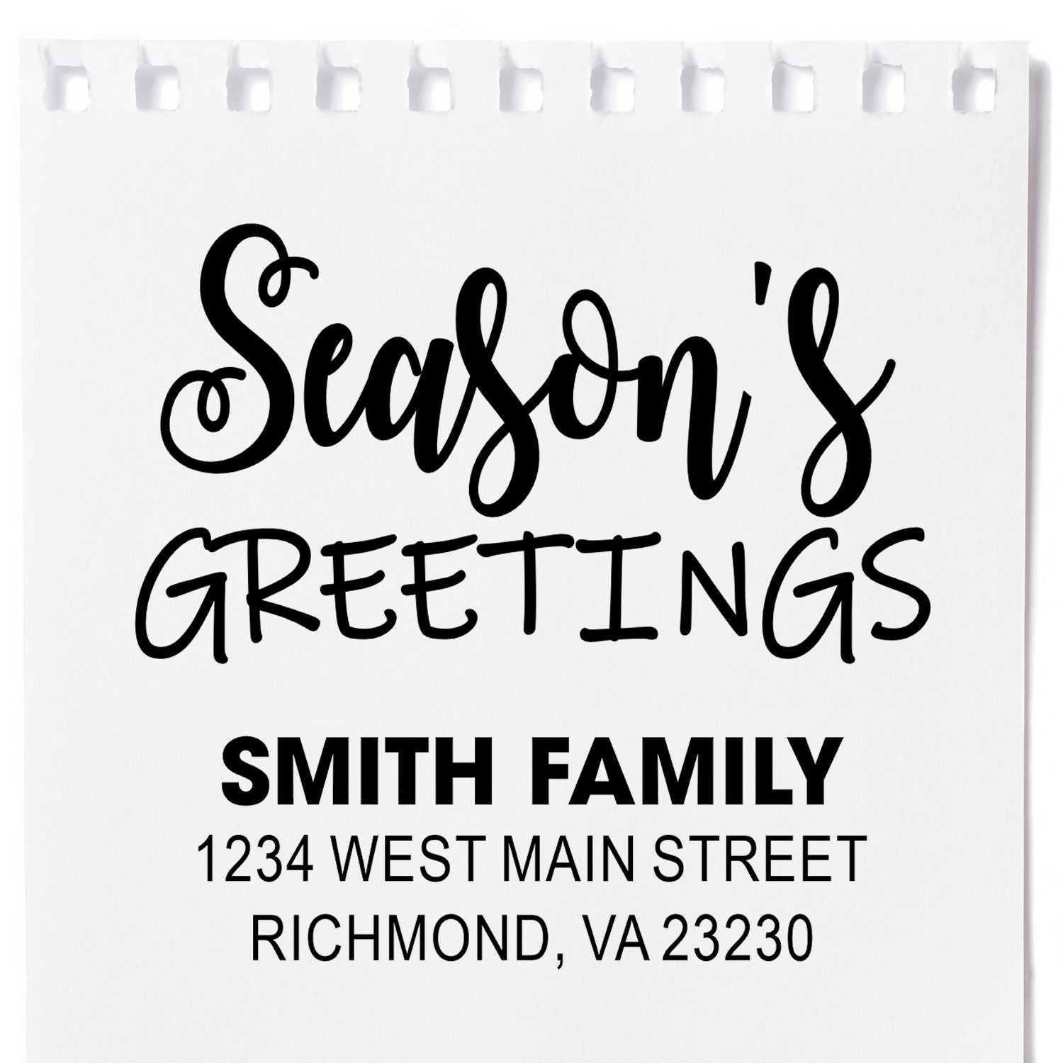 Personalized rubber stamp design with Seasons Greetings and Smith Family return address for holiday cards.