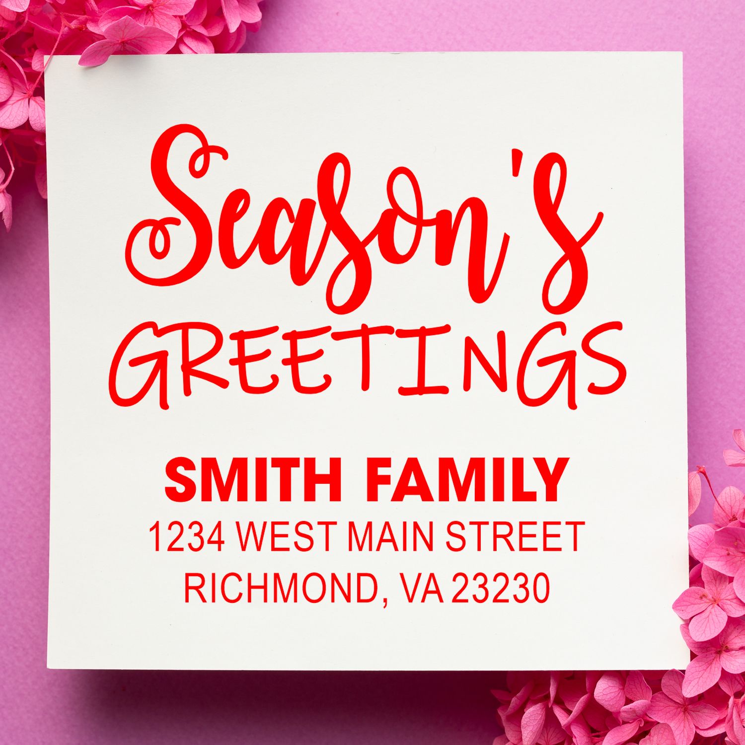 Custom Seasons Greetings rubber stamp with Smith family name and Richmond, VA address for holiday card envelopes.