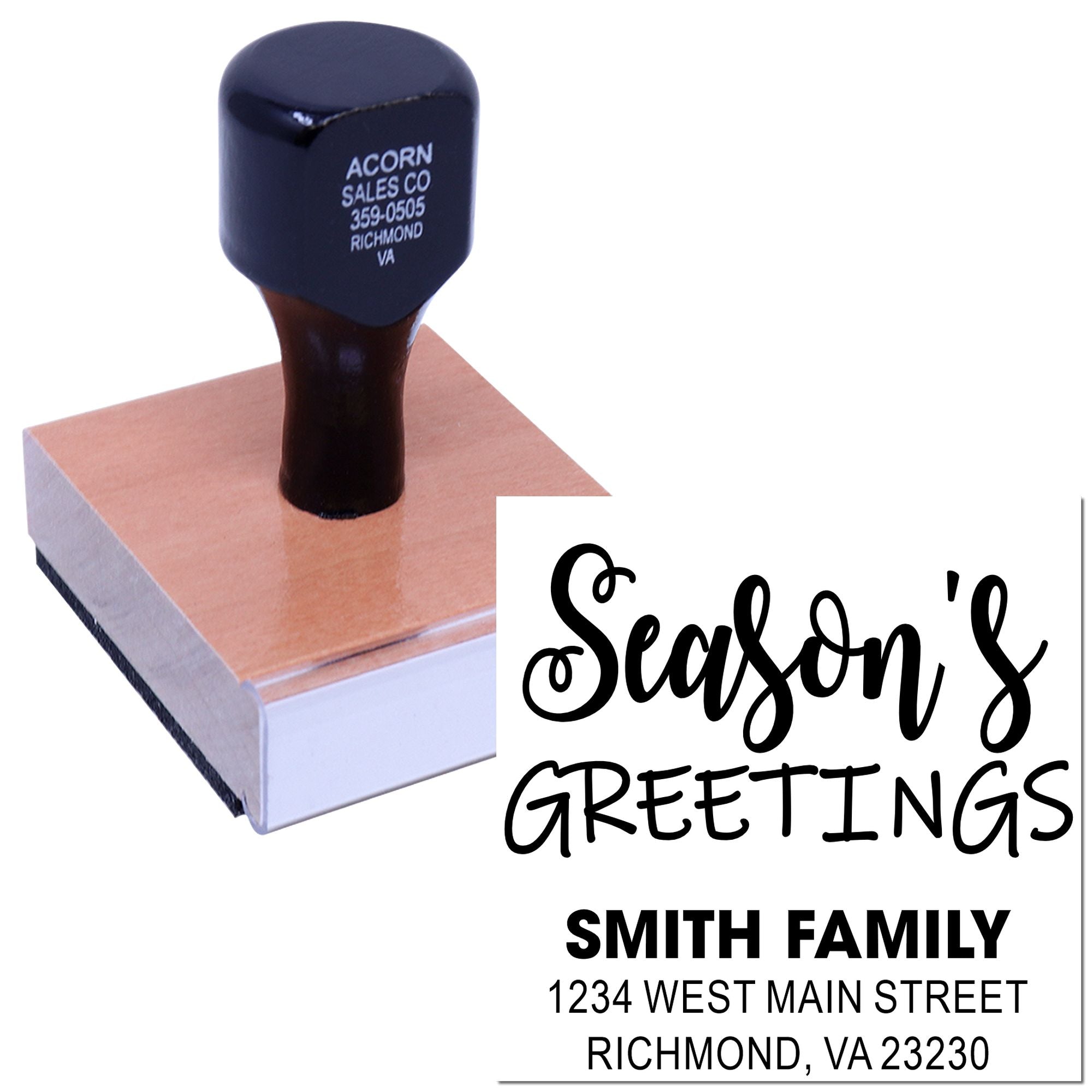 Custom holiday rubber stamp with Seasons Greetings and return address for personalized Christmas cards and envelopes.